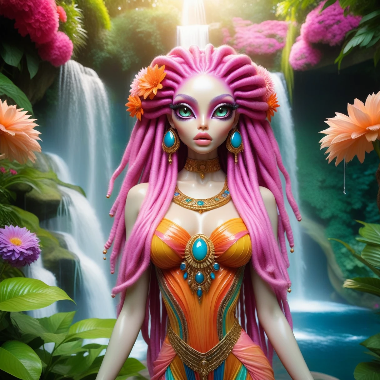 female anunnaki woman beautiful alien girl with big detailed eyes and huge lips , light shiny  skin, dreaded hair ,supermodel women wearing greek goddess attire couture standing in a lush garden with waterfall, surrounded by colorful flowers, soft natural lighting, vivid colors, romantic atmosphere surrounded by enormous shiny aliens with scaled skin, hyper real, photorealistic, portra 400 film, cinematic ,8k, extreme detailed , colorful , highest detailed