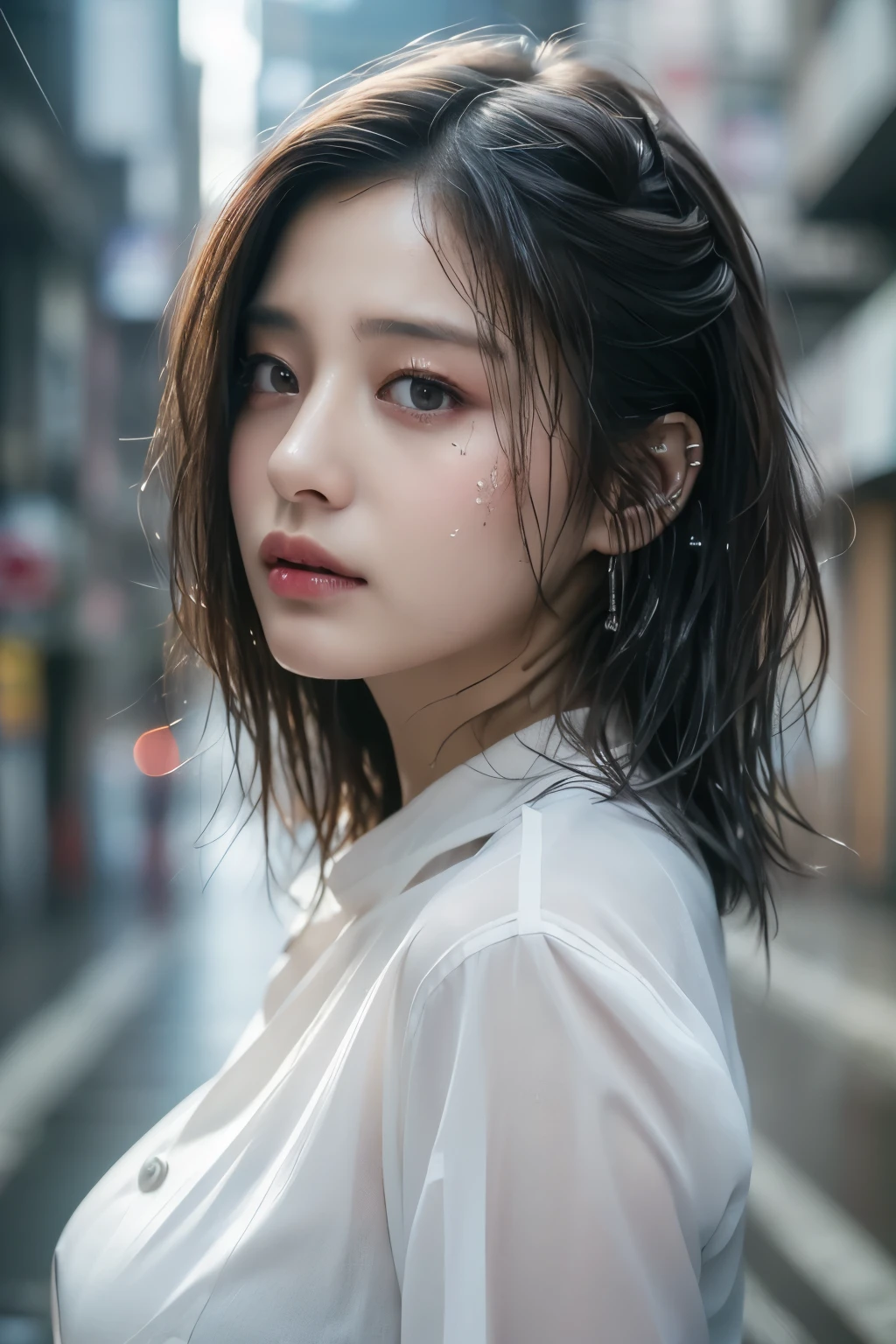 ((Best Quality, 8K, Masterpiece: 1.3)), Sharp: 1.2, Perfect Body Beauty: 1.4, Slim Abs: 1.2, ((Layered Hairstyle, Big Breasts: 1.2)), (Wet White Button Long Shirt: 1.1), (Rain, Street: 1.2), Wet: 1.5, Highly detailed face and skin texture, detailed eyes, double eyelids, side face looking at the camera