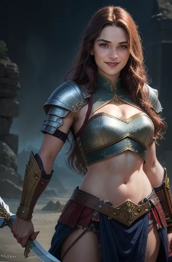 a young girl with pale skin, freckles, dark hair, blue eyes, rosy cheeks, wavy hair, smiling, nude, fantasy warrior armor, high resolution, photorealistic, detailed face, detailed skin, highly detailed, intricate details, cinematic lighting, dramatic colors, dark fantasy