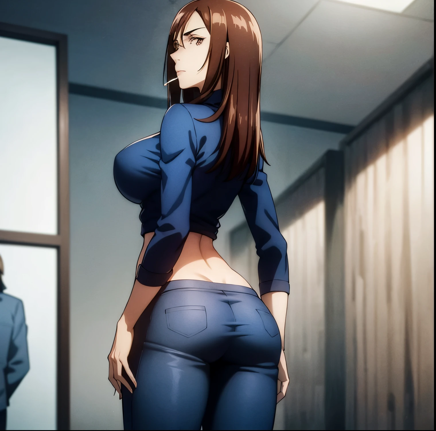 ((1girl)),((alone)),Shouko ieiri, \(jujutsu kaisen \),(masterpiece), (best quality), (ultra detailed), (best illustration), (best shadow), (absurdities) , sharp focus, cowboy shot, atmospheric perspective, depth of field, dynamic posture, ((looking at viewer)), large breasts, narrow waist, wide hips, medium thighs, round butt, erotic, romantic, (highly detailed eyes, lips 1.1), very detailed eyes, eyes, Very detailed face, Very beautiful face, Symmetrical face, Aesthetic face, perfect face, perfect eyes, detailed eyelashes: 1.5), full height, beautiful slim figure, femininity, apathetic look, big breasts elastics, sexuality, parted lips, ((Brown eyes)), (mole under the eye: 0.8), ((dark circles)), medium hair, brown hair, swept bangs, ((lab coat)), (( blue sweater)), tight sweater, ((holding a cigarette with fingers)), turtleneck, ((blue pants)), tight pants, ,cowboy photo,curves, defined body,Perfect and beautiful body, perfect and beautiful, calm look,closed mouth,((serious expression)),(sexy pose: 1.2), standing :1.3,((solo)),( (inside, Morgue, stretcher, autopsy table, chairs)), Looking back, from behind, ((focus on ass:1.4)), point of view: (from below), perfect anatomy, perfect hands