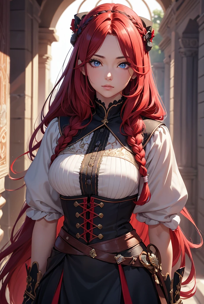 red hair girl with braids, small tits, focus on bright red eyes
