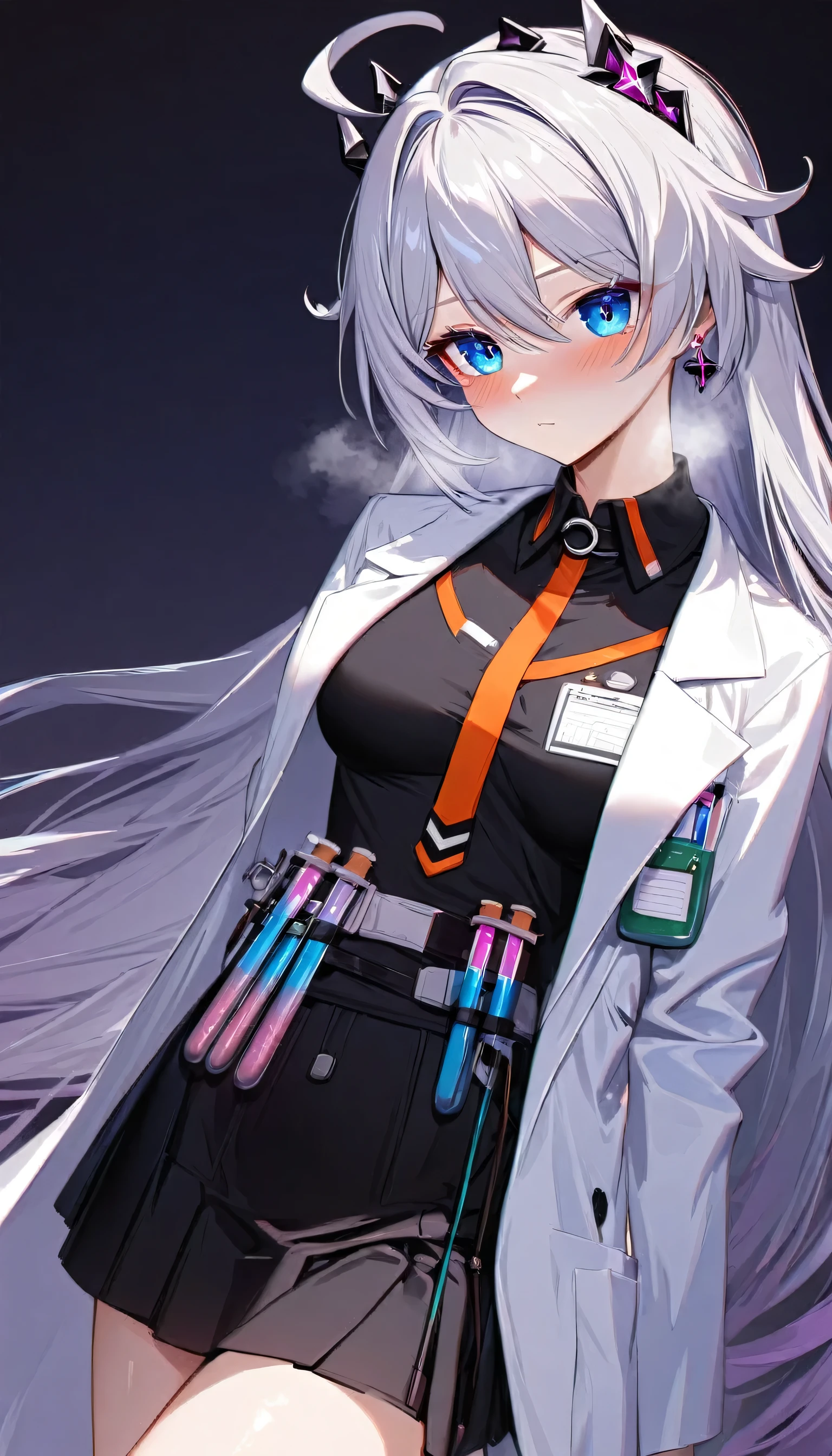 ultra HD, high-resolution, detailed, (highly detailed:1.5), (sharp focus:1.4), (crisp edges:1.3), 1girl, looking at view, kiana kaslana \(honkai impact 3rd\), herrscher of finality, silver hair, ahoge, very long hair, blue eyes, medium breast, skinny skin, blush, closed mouth, heavy breathing,  (scientific lab coat:1.5), black shirt, (test tubes:1.6), (black skirt:1.5), (scientific accessories:1.6), (scientist outfit:1.4), dark background