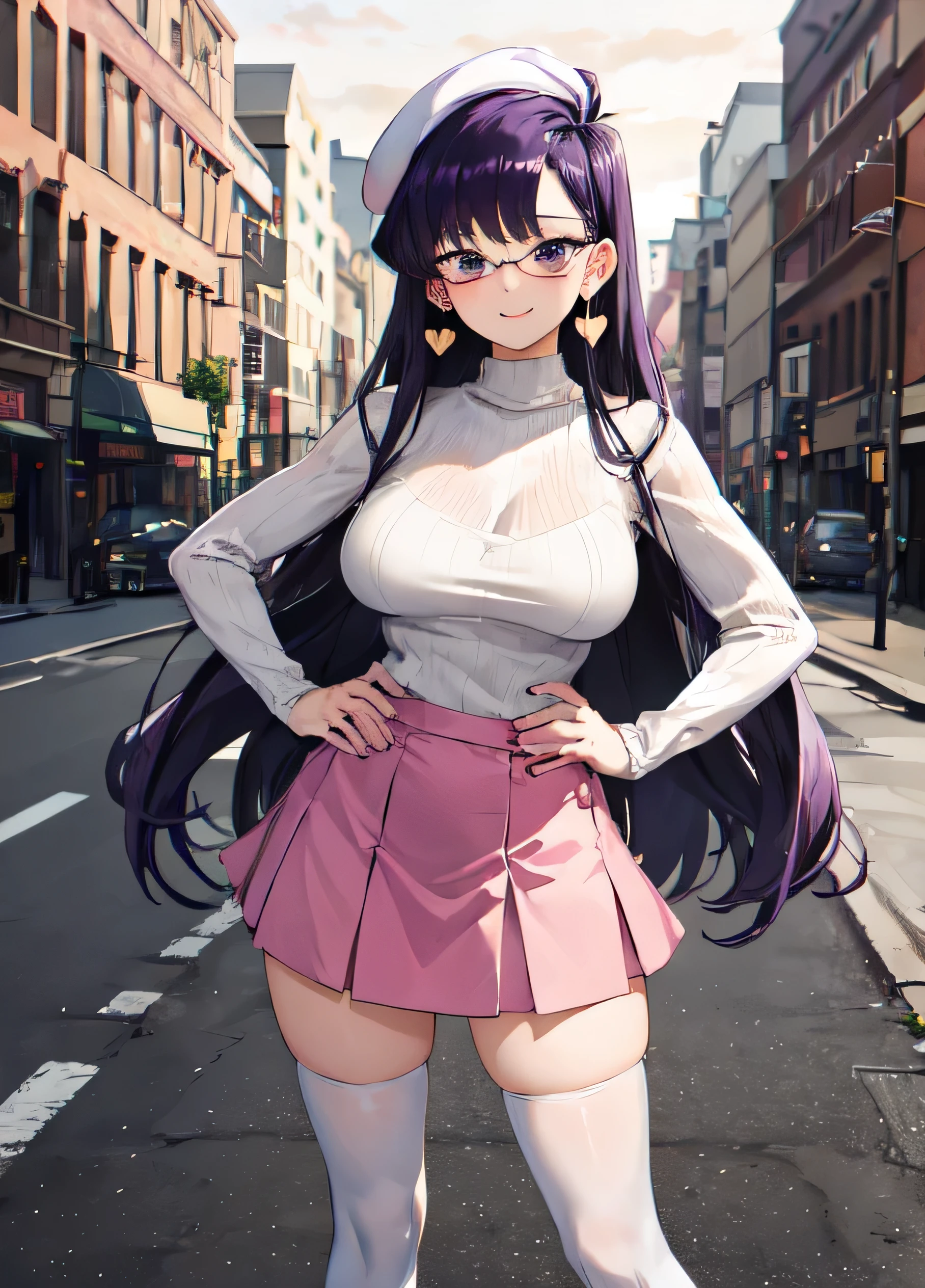 masterpiece, absurdres, ultra-detailed, Yamada Anna, 1girl, solo, long hair, blush, large breasts, black hair, brown eyes, (realistic:0.35), looking at viewer, <lora:Yamada_Anna-15:0.5>, [white] sweater, outdoors, [pink] miniskirt, white thighhighs, heart earrings, heart-shaped eyewear, smile, hands on hips, white beret,
