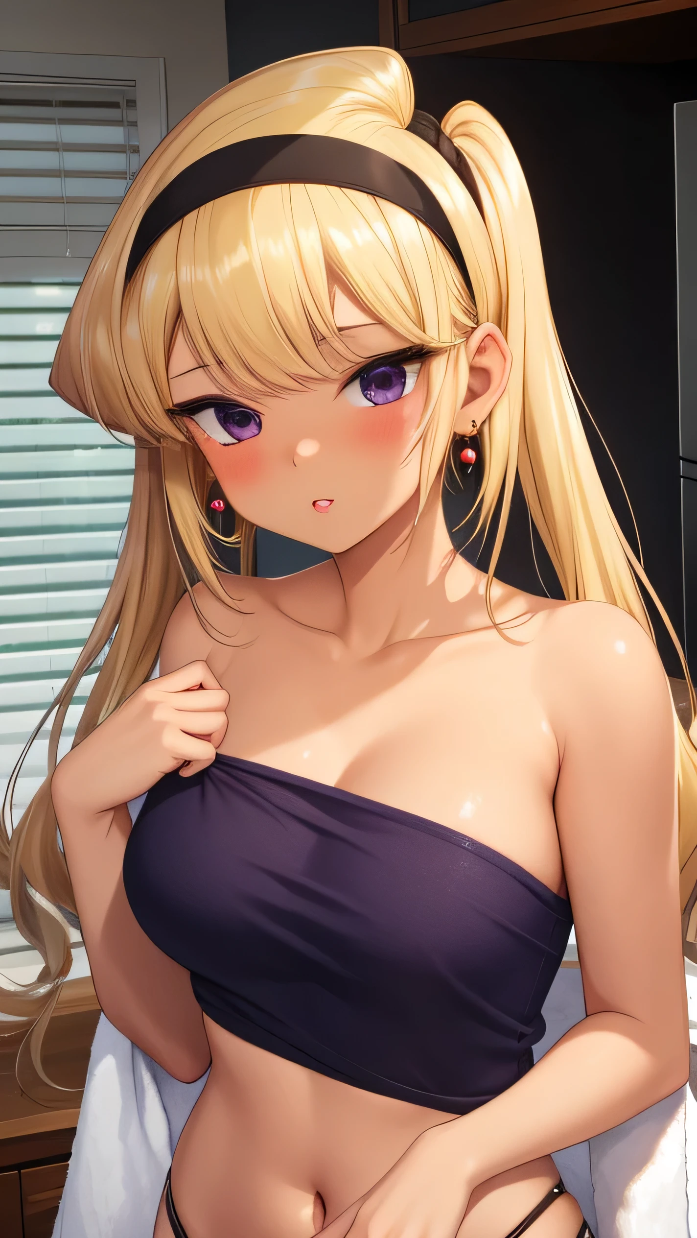 KOMI SHOUKO, LONG HAIR, ((BLONDE HAIR)), twintails, PURPLE EYES, HAIRBAND, DARK SKIN, DARK-SKINNED girl, JEWELRY, EARRINGS, 1girl, solo, masterpiece, illustration, game CG, absurdres, highly detailed, blush, looking at viewer, indoors, towel