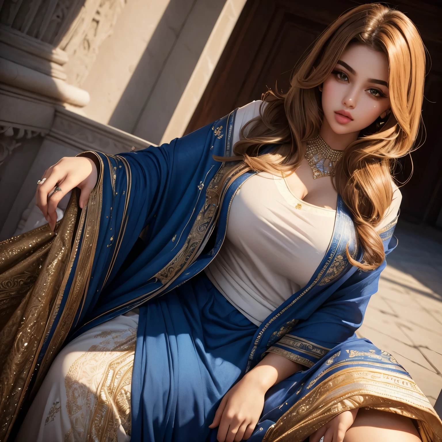 Best quality, 40 year old woman, huge breasts, brown messy hair, blue eyes, thin sexy silk robe, sunset, upper body, sexy, angelic, robe covering nipples, god rays, skimpy, exposed thighs, full body view, in bedroom