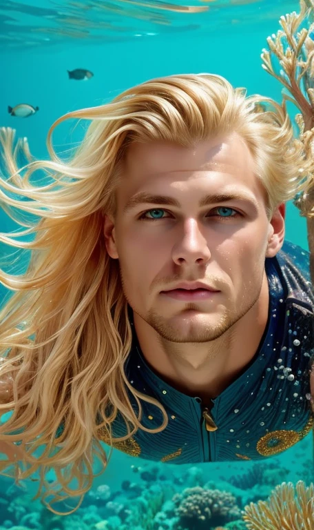 Portrait of a handsome blond man underwater. fantasy style.