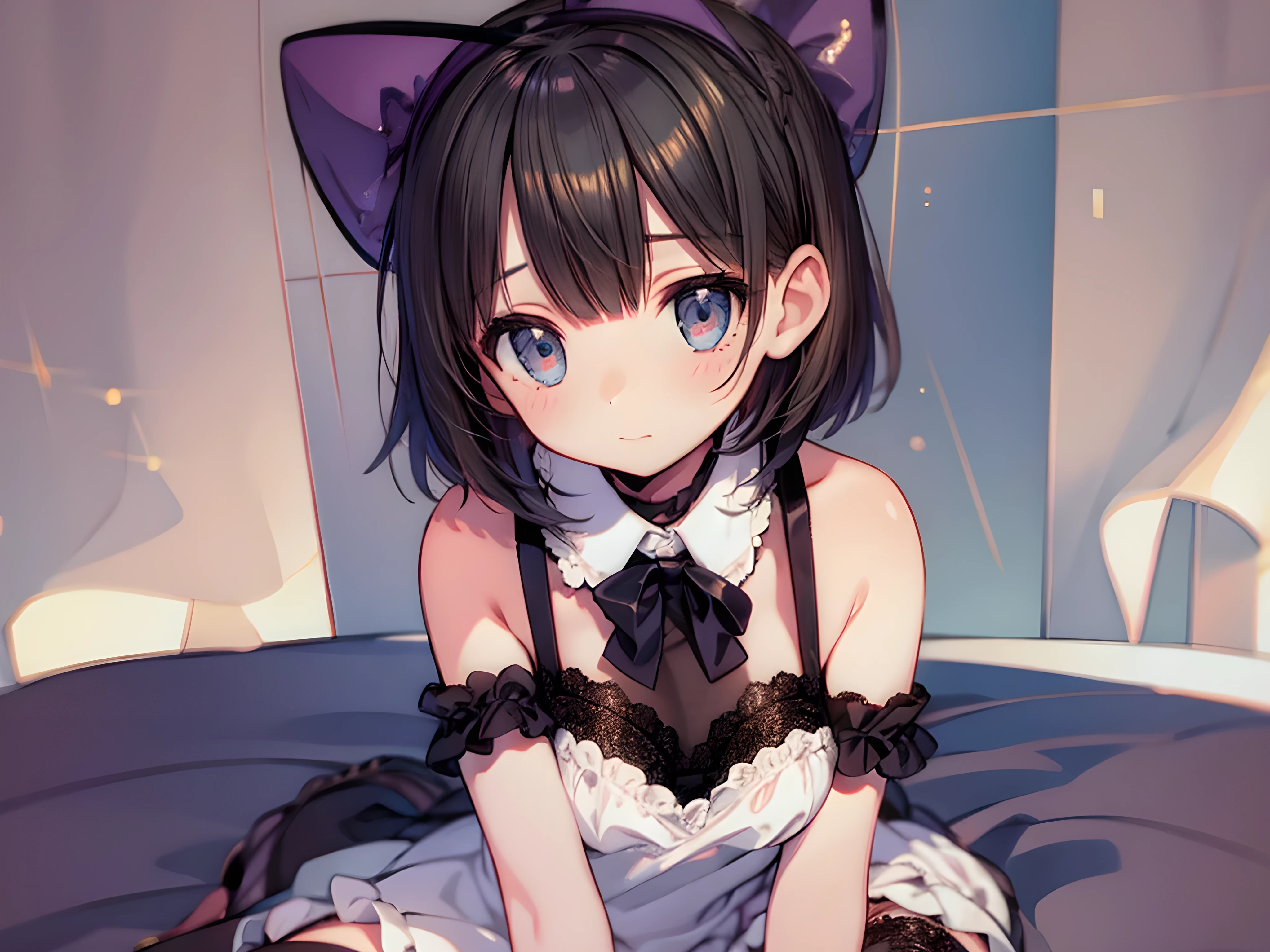 finger to mouth,lick,One hand behind your back,from front,front view,looking at viewer, looking ahead,from above,cowboy shot,1girl,Beautiful 14 year old girl,Japanese,Slender,,low length,Small breasts,Thin legs,Small Ass,Baby Face,Small face,Black Hair,Short Twin Tails,Gray Eyes,Drooping eyes,slit pupils,narrow eyes.middle School girls,Black collar with black leash,A see-through black and light blue negligee,Sexy Lingerie,open mouth,tongue out,front face,Kneeling,Straight Stand,Beautiful and detailed anime art,Mischievous smile,Sexy vibe,cum on tongue,Dimly lit room,On the bed,Simple Background,Gray background,Low lighting,