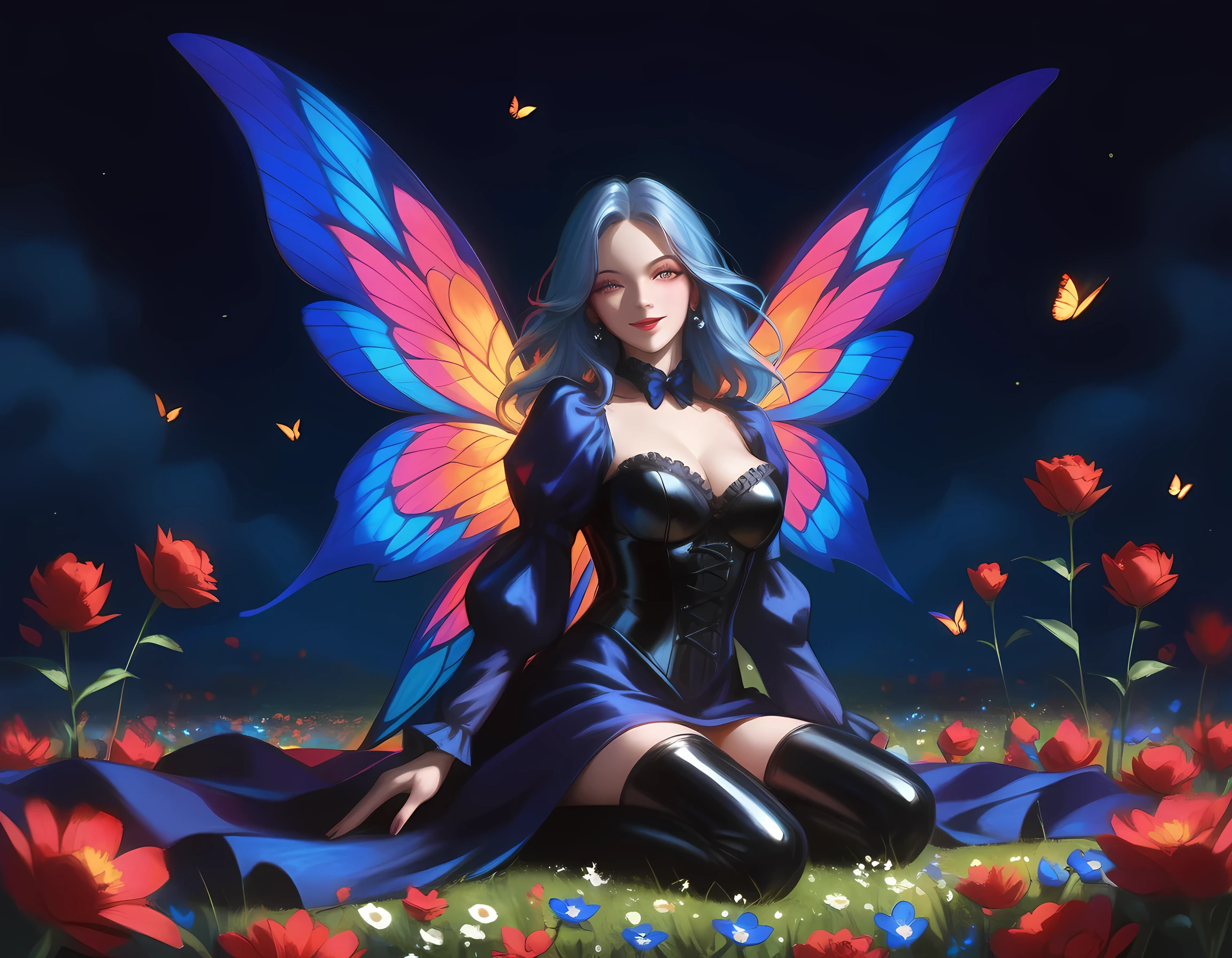 high details, best quality, 16k, RAW, [best detailed], masterpiece, best quality, (extremely detailed), full body, ultra wide shot, photorealistic, dark fantasy art, goth art, RPG art, D&D art, a picture of a dark female fairy resting in a flower meadow, extremely beautiful fairy, ultra feminine (intense details, Masterpiece, best quality), best detailed face (intense details, Masterpiece, best quality), having wide butterfly wings, spread butterfly wings (intense details, Masterpiece, best quality), dark colors wings (intense details, Masterpiece, best quality), (blue) hair, long hair, shinning hair, flowing hair, shy smile, innocent smile, (red: 1.3) eyes, dark red lips, wearing [red] dress latex corset (intense details, Masterpiece, best quality), dynamic elegant shirt, chocker, wearing high heels, in dark colored flower meadow (intense details, Masterpiece, best quality), (red flowers: 1.2) , (black flowers: 1.2), (white flowers: 1.2), (blue flowers: 1.3) [extreme many flowers] (intense details, Masterpiece, best quality), dark colorful flowers (intense details, Masterpiece, best quality), flower meadow in a dark goth field background, dim light, cinematic light, High Detail, Ultra High Quality, High Resolution, 16K Resolution, Ultra HD Pictures, Clear Details, Realistic Detail, Ultra High Definition, DonMF41ryW1ng5XL,