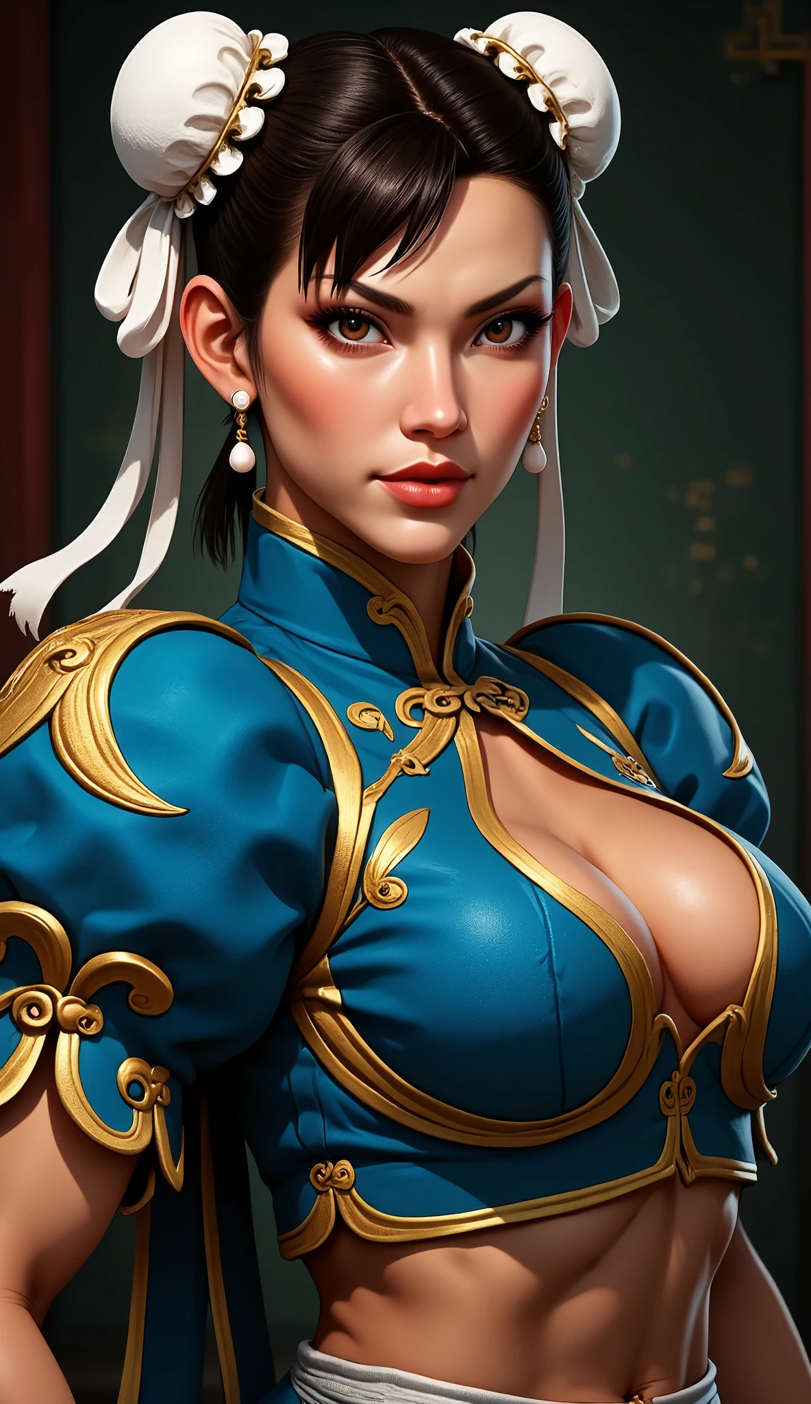 a photorealistic portrait of Chun Li, highly detailed face, beautiful detailed eyes, beautiful detailed lips, extremely detailed facial features, long eyelashes, detailed muscular physique, athletic body, martial arts uniform, traditional chinese dress with intricate embroidery patterns, dramatic lighting, cinematic composition, dramatic pose, cinematic color palette, moody atmosphere, hyper detailed, 8k, photorealistic, masterpiece