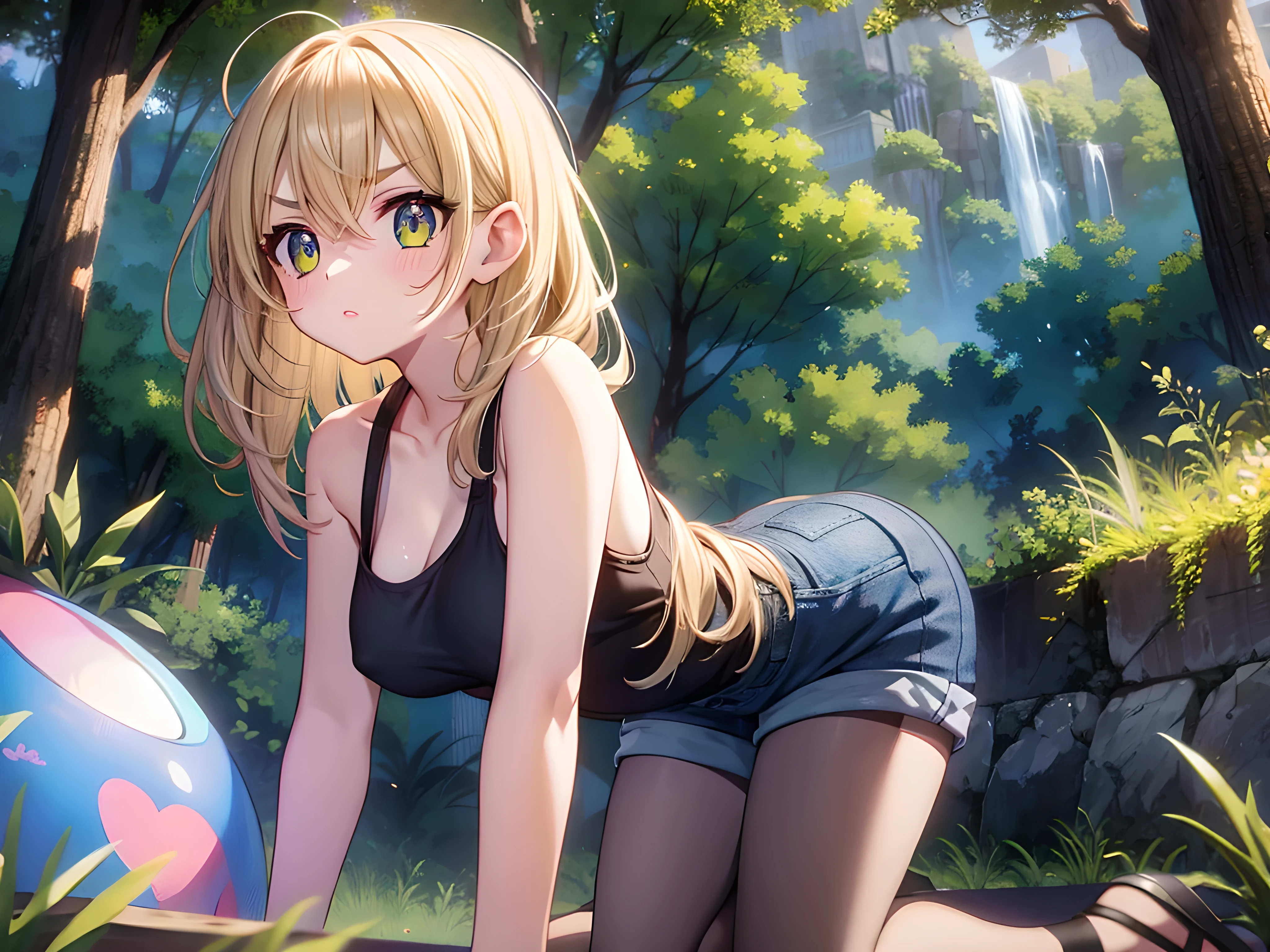 small breasts, smile, legging, anime style, blue eyes, detailed eyes, medium hair, blonde hair, loose hair, field, bra, back view, open legs, on all fours,