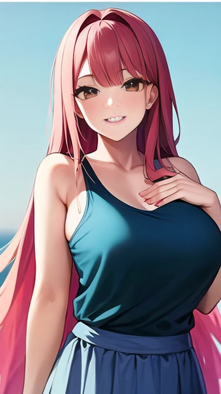 (Best Picture Quality), (Masterpiece), (High Resolution), 16k, Slender, One Woman, Age 25, Silky straight long hair, Pink Hair, Large Bust, Brown eyes, Wearing a tank top and a long skirt、(smile), (Look into the viewer&#39;s eyes:1.4), (Watching the audience:1.4), (Upper front図:1.2), (Upper front:1.2), Center screen, background:Forest Walking Trail、Sunlight filtering through the trees、stroll、Cowboy Shot、