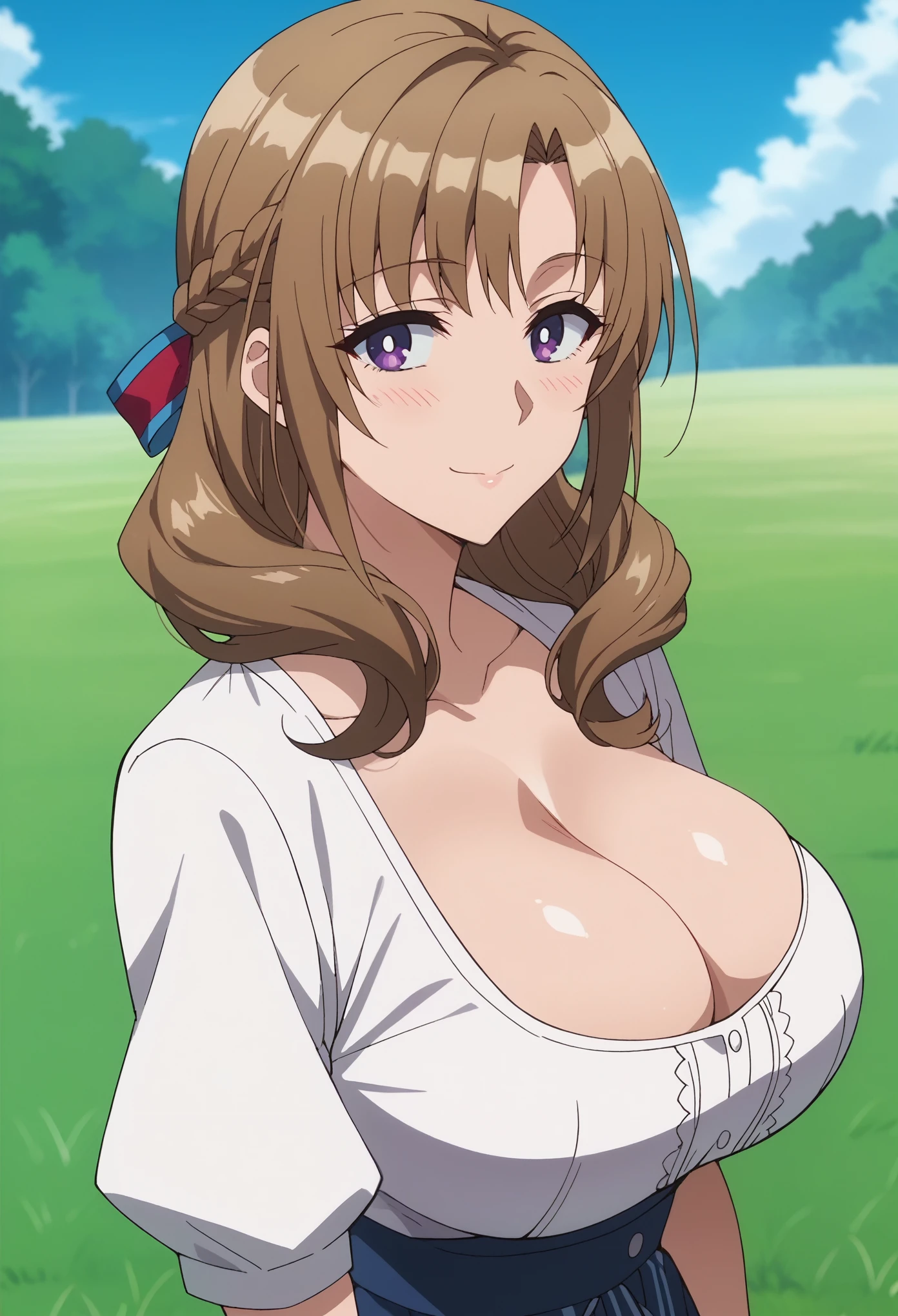 score_9, score_8_up, score_7_up, score_6_up, source_anime, anime coloring, anime screencap, flat color, megami magazine, rneure), Mamako Oosuki, huge breasts, cleavage, grass,  seductive smile, from side