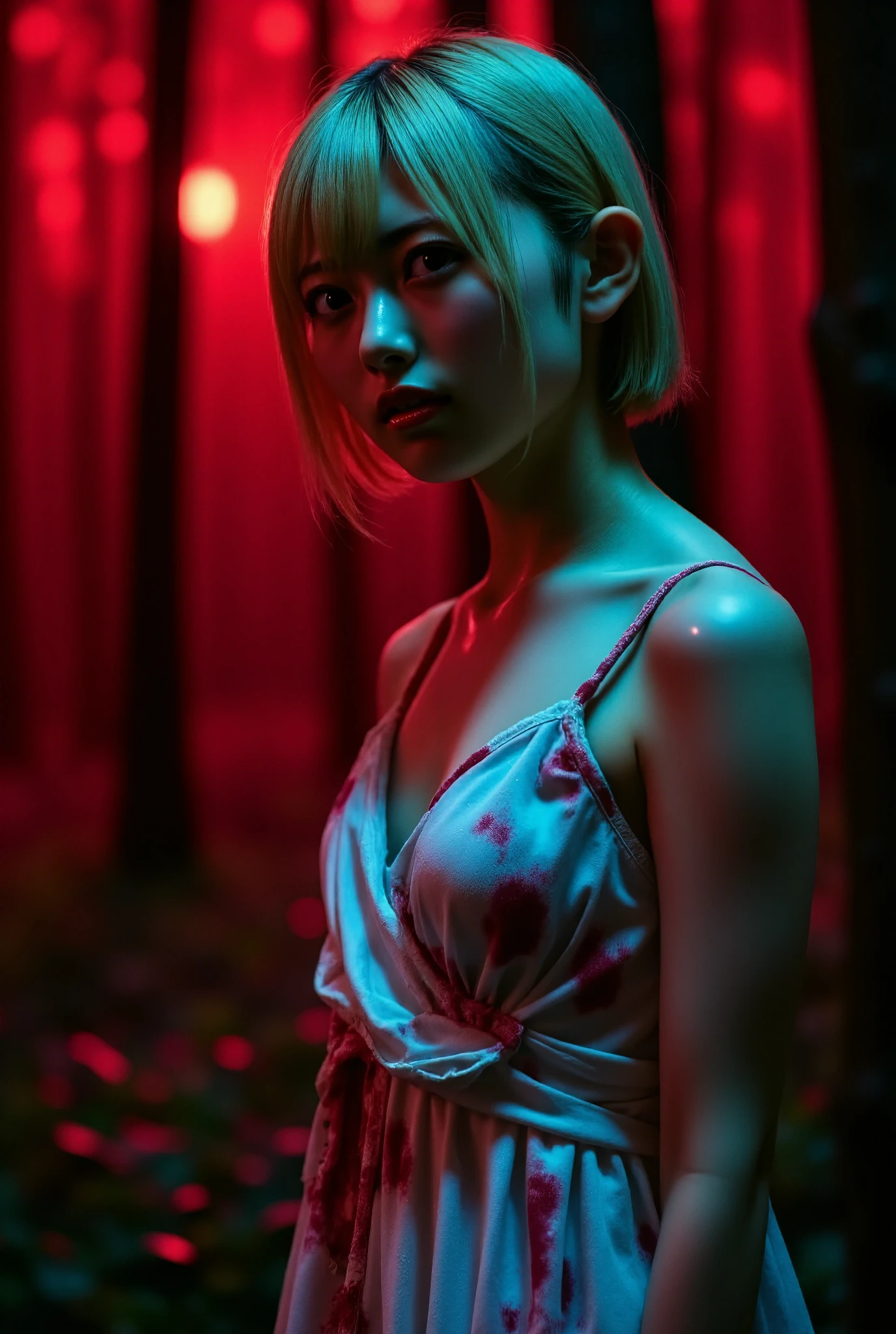 a hyper realistic full body [face, arms, legs] photography of a crying young beautiful woman;;5, deep stained red forest by night::4 , scared, dressed whith old white torn dress stained red, blond short hair::5 , hair are shaved on the right side::3 , beautiful green eyes, ultra hdr, 36k, 1200DPI, extremely detailed, red an blue lights, 3d, 3d rendered!!4, Octane::4