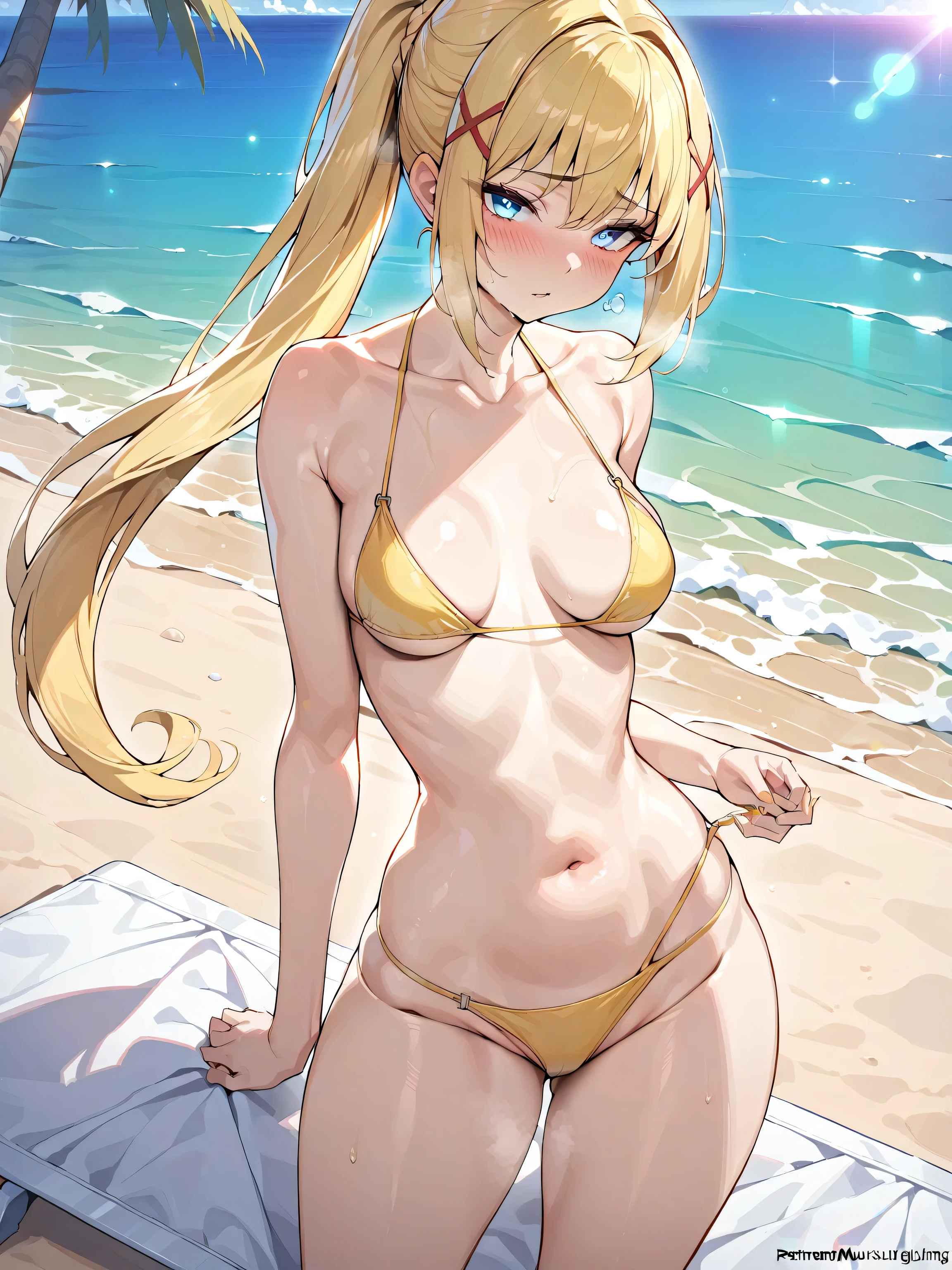 1girl, BREAK, Darkness, pauldrons, darkness (konosuba), blush, looking at viewer, X HAIR ORNAMENT, ponytail, blonde hair, blue eyes, glownig eyes, braid, long hair, (medium breasts1:2), best quality, masterpiece, yellow bikini, SFW, beach, sea, standing, sunbed