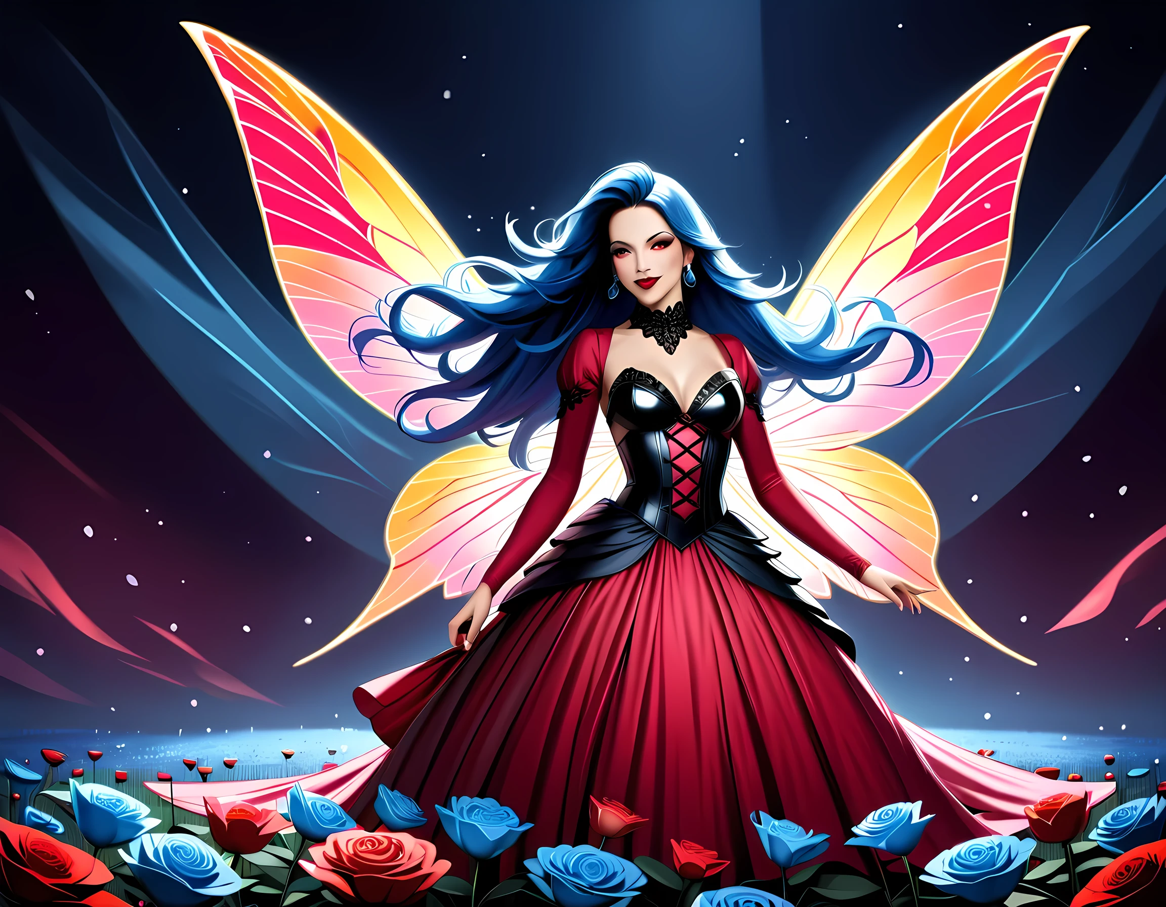 high details, best quality, 16k, RAW, [best detailed], masterpiece, best quality, (extremely detailed), full body, ultra wide shot, photorealistic, dark fantasy art, goth art, RPG art, D&D art, a picture of a dark female fairy resting in a flower meadow, extremely beautiful fairy, ultra feminine (intense details, Masterpiece, best quality), best detailed face (intense details, Masterpiece, best quality), having wide butterfly wings, spread butterfly wings (intense details, Masterpiece, best quality), dark colors wings (intense details, Masterpiece, best quality), (blue) hair, long hair, shinning hair, flowing hair, shy smile, innocent smile, (red: 1.3) eyes, dark red lips, wearing [red] dress latex corset (intense details, Masterpiece, best quality), dynamic elegant shirt, chocker, wearing high heels, in dark colored flower meadow (intense details, Masterpiece, best quality), (red flowers: 1.2) , (black flowers: 1.2), (white flowers: 1.2), (blue flowers: 1.3) [extreme many flowers] (intense details, Masterpiece, best quality), dark colorful flowers (intense details, Masterpiece, best quality), flower meadow in a dark goth field background, dim light, cinematic light, High Detail, Ultra High Quality, High Resolution, 16K Resolution, Ultra HD Pictures, Clear Details, Realistic Detail, Ultra High Definition, DonMF41ryW1ng5XL, 