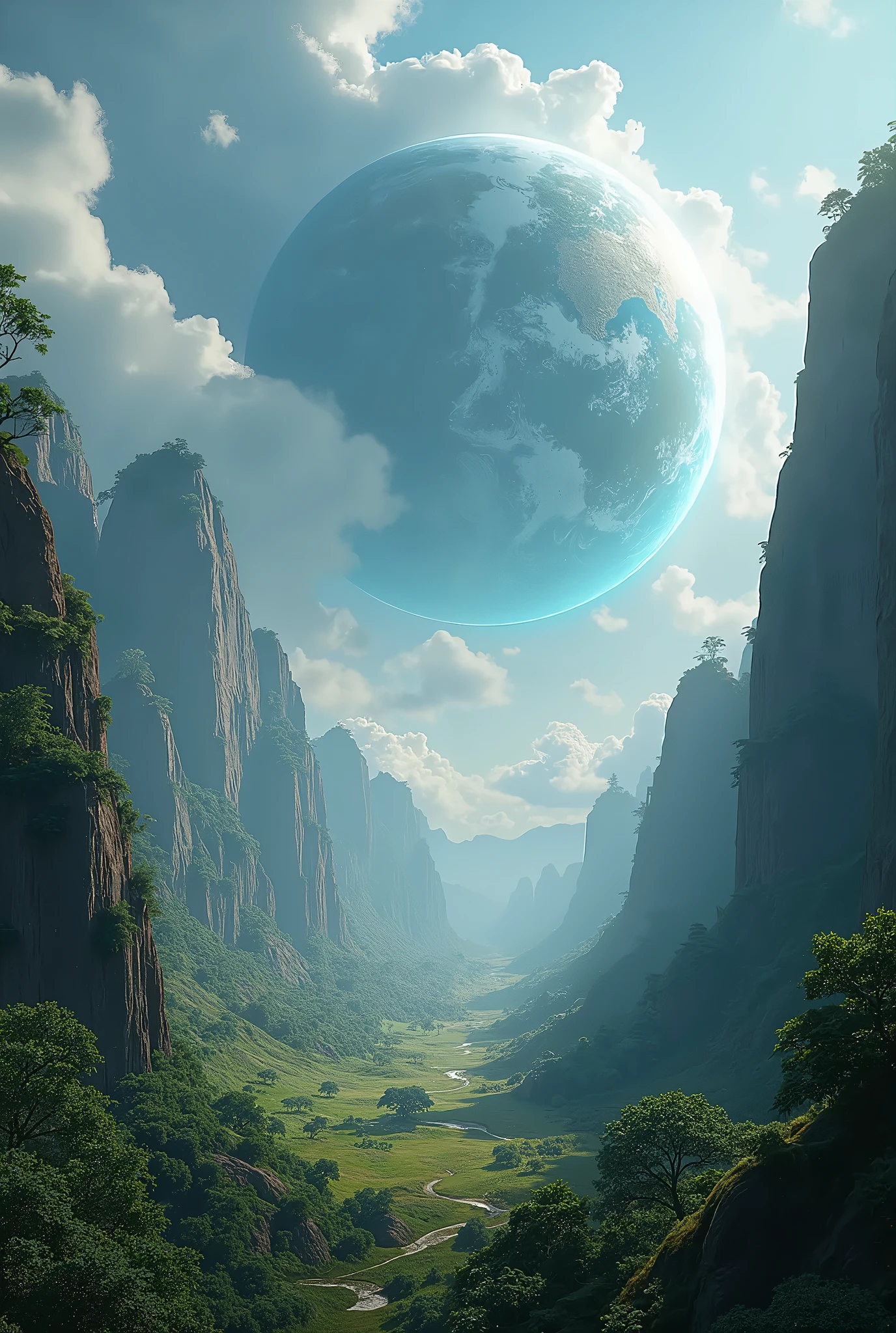 detailed fantasy landscape, giant-sized earth, surreal, hyper-realistic, cinematic lighting, dramatic atmosphere, volumetric fog, lush vegetation, rocky terrain, floating islands, ancient ruins, glowing energy field, hyperdetailed textures, vibrant colors, dramatic shadows, photorealistic, 8k, best quality, (masterpiece:1.2)