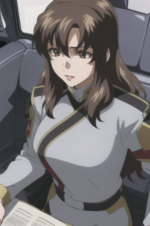 (((Best quality))),((Ultra-detailed)),((illustration)),((Disheveled hair)),((frilld)),(1 girl),(Solo),
1girl,bodysuit,breasts,chair,cockpit,hair between eyes,lipstick,long hair,long sleeves,looking at viewer,makeup,military,military uniform,office chair,open mouth,red lips,retro artstyle,seat,sitting,smile,solo,uniform,upper body,
brown eyes,brown hair,