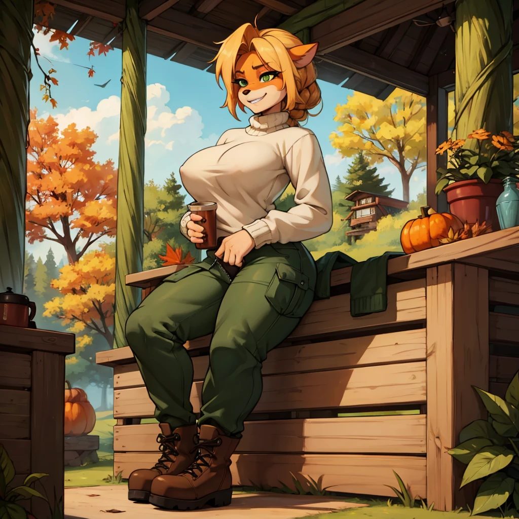  sancy, Futanari anthro bandicoot girl redhead,  braided hair, beautiful green eyes, sexy, , relaxing sexy moment, seductive, warm sweater, camouflage pants, army boots, , Cozy autumn atmosphere, , the forest, autumn , Girl in sweater, ,trousers, army boots, furry anthro bandicoot, seductive facial expression wide grin , hands to pants,Unzipped Pants down, pussy, dynamic pose, 