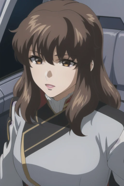 (((Best quality))),((Ultra-detailed)),((illustration)),((Disheveled hair)),((frilld)),(1 girl),(Solo),
1girl, anime coloring, bangs, cockpit, face, jacket, lips, lipstick, long hair, looking at viewer, makeup, military, military uniform, open mouth, parody, red lips, retro artstyle, science fiction, smile, solo, uniform, upper body, white jacket,
brown eyes,brown hair,rating:safe,