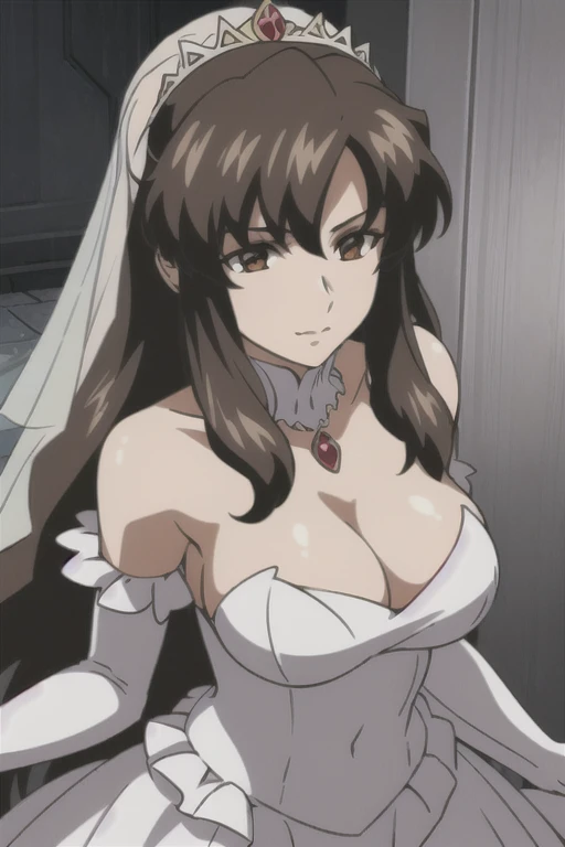 (((Best quality))),((Ultra-detailed)),((illustration)),((Disheveled hair)),((frilld)),(1 girl),
1girl,solo,rating:safe,wedding,bare_shoulders,breasts,bridal_gauntlets,bridal_veil,cleavage,clothing,crown,curtsey,dress,drop_earrings,earrings,elbow_gloves,female,female_only,gloves,headdress,headwear,jewelry,layered_dress,looking_at_viewer,necklace,skirt_hold,smile,standing,strapless,strapless_dress,tiara,veil,white_dress,white_footwear,white_gloves,long_hair,wedding_dress,long_dress,upper body,rating:safe,
brown eyes,brown hair,