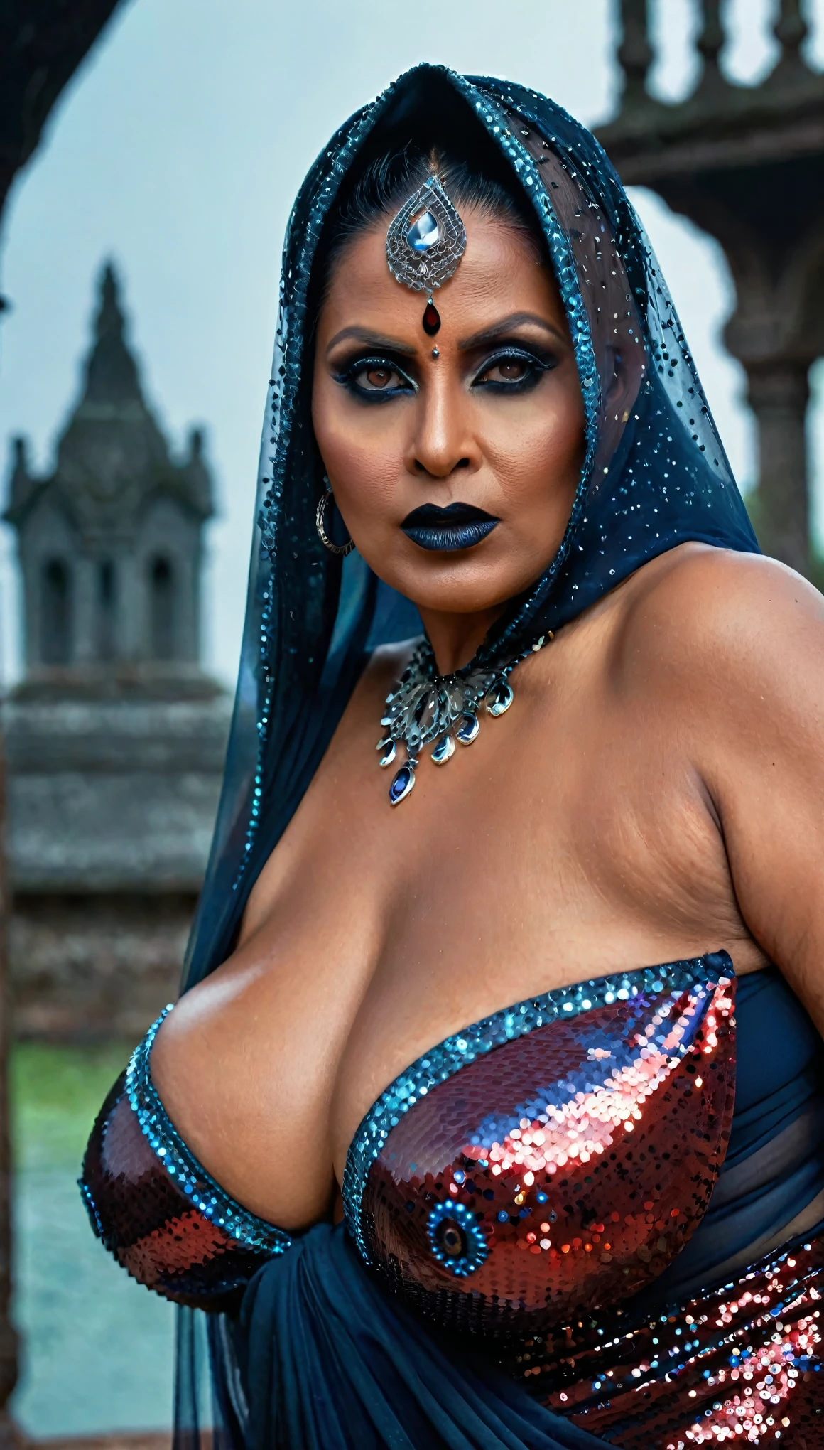 Looks like Nadhiya Moidu, full body Closeup shot, Big chubby aunty, milf, cougar lady witch, horny Gothic milf,  70 years old gorgeous mature lady, pervert demoness, demoness of lust, curvy, black lips, horny face, extremely gorgeous, thick figure, heavy physique, voluptuous, curvy, sexy figure, Fashionable portrait of androgynous alien looking witch wearing veil, glowing eyes, futuristic design, minimal details, givenchy, photoreal, 200mm, hd, f/ 2.0, highly detailed, surreal, sexy beautiful evil woman, sexy bold sequin Saree with strapless Bra, chudail, Pishachini, horror genre, blood-thirsty enchantress, powerful female spirit, eerie, drop dead, in the style of red and blue, (intricate details, hyperdetailed:1.15) (skin texture:1.2), dark Moody tone, cinematic lighting, haunted place in background, saggy breast, 