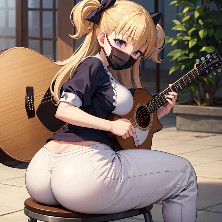 1 girl,solo,(emilico:1.1),smile,open mouth huge breast, ass, thick ass, grabbing own ass, sitting down, stick, mask, guitar, playing a guitar