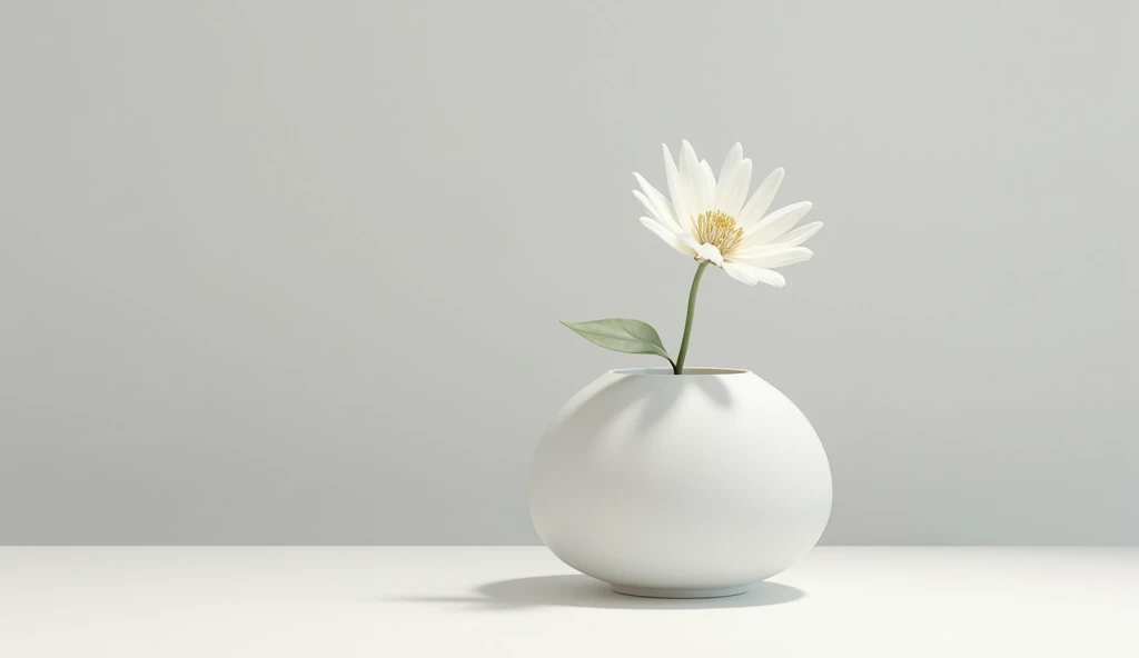 A serene, minimalist scene featuring a single, delicate white flower in a simple, matte ceramic vase placed on a smooth, uncluttered surface. The background is a soft, neutral shade of light grey, allowing the clean lines and simple shapes to stand out. (Flower and vase: 1.8). The soft natural light gently illuminates the scene, creating subtle shadows and highlighting the purity of the composition. The focus is entirely on the balance of form, the gentle curve of the petals, and the smooth texture of the vase. Ultra detailed, 8K quality, focus on the elegance of simplicity, no distracting elements, perfectly minimalist.