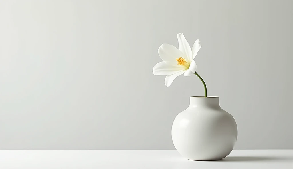 A serene, minimalist scene featuring a single, delicate white flower in a simple, matte ceramic vase placed on a smooth, uncluttered surface. The background is a soft, neutral shade of light grey, allowing the clean lines and simple shapes to stand out. (Flower and vase: 1.8). The soft natural light gently illuminates the scene, creating subtle shadows and highlighting the purity of the composition. The focus is entirely on the balance of form, the gentle curve of the petals, and the smooth texture of the vase. Ultra detailed, 8K quality, focus on the elegance of simplicity, no distracting elements, perfectly minimalist.