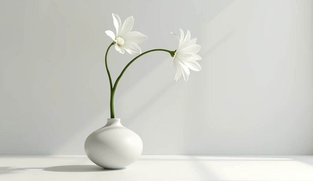 A serene, minimalist scene featuring a single, delicate white flower in a simple, matte ceramic vase placed on a smooth, uncluttered surface. The background is a soft, neutral shade of light grey, allowing the clean lines and simple shapes to stand out. (Flower and vase: 1.8). The soft natural light gently illuminates the scene, creating subtle shadows and highlighting the purity of the composition. The focus is entirely on the balance of form, the gentle curve of the petals, and the smooth texture of the vase. Ultra detailed, 8K quality, focus on the elegance of simplicity, no distracting elements, perfectly minimalist.