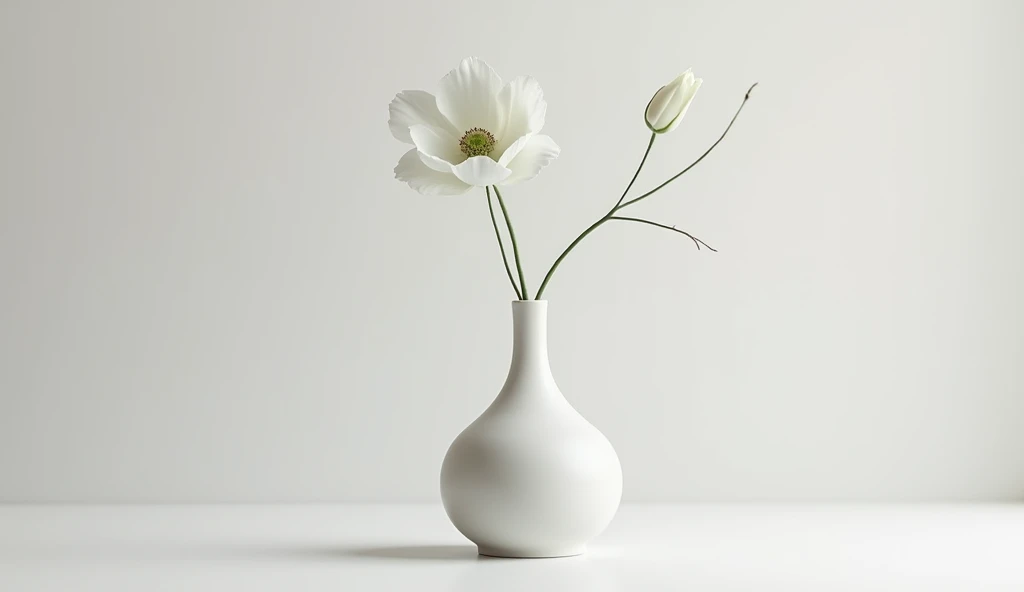 A serene, minimalist scene featuring a single, delicate white flower in a simple, matte ceramic vase placed on a smooth, uncluttered surface. The background is a soft, neutral shade of light grey, allowing the clean lines and simple shapes to stand out. (Flower and vase: 1.8). The soft natural light gently illuminates the scene, creating subtle shadows and highlighting the purity of the composition. The focus is entirely on the balance of form, the gentle curve of the petals, and the smooth texture of the vase. Ultra detailed, 8K quality, focus on the elegance of simplicity, no distracting elements, perfectly minimalist.