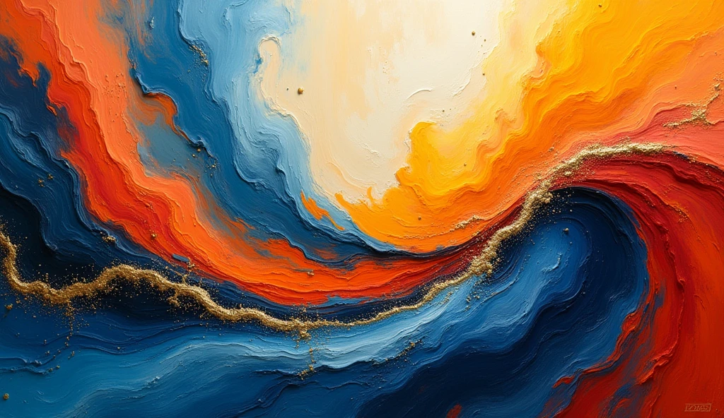 A vibrant, abstract composition filled with bold, fluid shapes and dynamic textures, swirling across the canvas. The color palette features deep blues, fiery oranges, and bright yellows, blending and overlapping to create a sense of movement and energy. (Color flow: 1.8). Thick, textured brushstrokes form organic, sweeping curves that contrast with sharp geometric lines in the background. Splashes of metallic gold and silver add depth and luminosity, while soft gradients shift subtly between cool and warm tones. The scene is an exploration of form and texture, without any recognizable figures, inviting interpretation through its abstract beauty. Ultra detailed, 8K quality, focus on the interplay of colors and textures, no figurative elements, purely abstract.