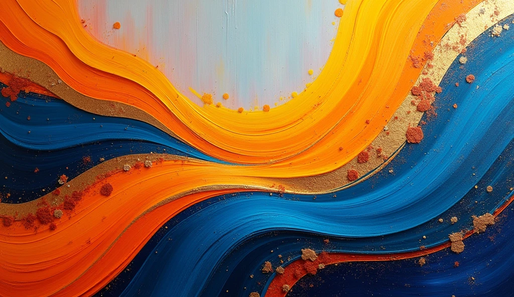 A vibrant, abstract composition filled with bold, fluid shapes and dynamic textures, swirling across the canvas. The color palette features deep blues, fiery oranges, and bright yellows, blending and overlapping to create a sense of movement and energy. (Color flow: 1.8). Thick, textured brushstrokes form organic, sweeping curves that contrast with sharp geometric lines in the background. Splashes of metallic gold and silver add depth and luminosity, while soft gradients shift subtly between cool and warm tones. The scene is an exploration of form and texture, without any recognizable figures, inviting interpretation through its abstract beauty. Ultra detailed, 8K quality, focus on the interplay of colors and textures, no figurative elements, purely abstract.