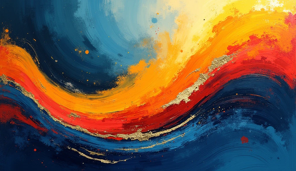 A vibrant, abstract composition filled with bold, fluid shapes and dynamic textures, swirling across the canvas. The color palette features deep blues, fiery oranges, and bright yellows, blending and overlapping to create a sense of movement and energy. (Color flow: 1.8). Thick, textured brushstrokes form organic, sweeping curves that contrast with sharp geometric lines in the background. Splashes of metallic gold and silver add depth and luminosity, while soft gradients shift subtly between cool and warm tones. The scene is an exploration of form and texture, without any recognizable figures, inviting interpretation through its abstract beauty. Ultra detailed, 8K quality, focus on the interplay of colors and textures, no figurative elements, purely abstract.