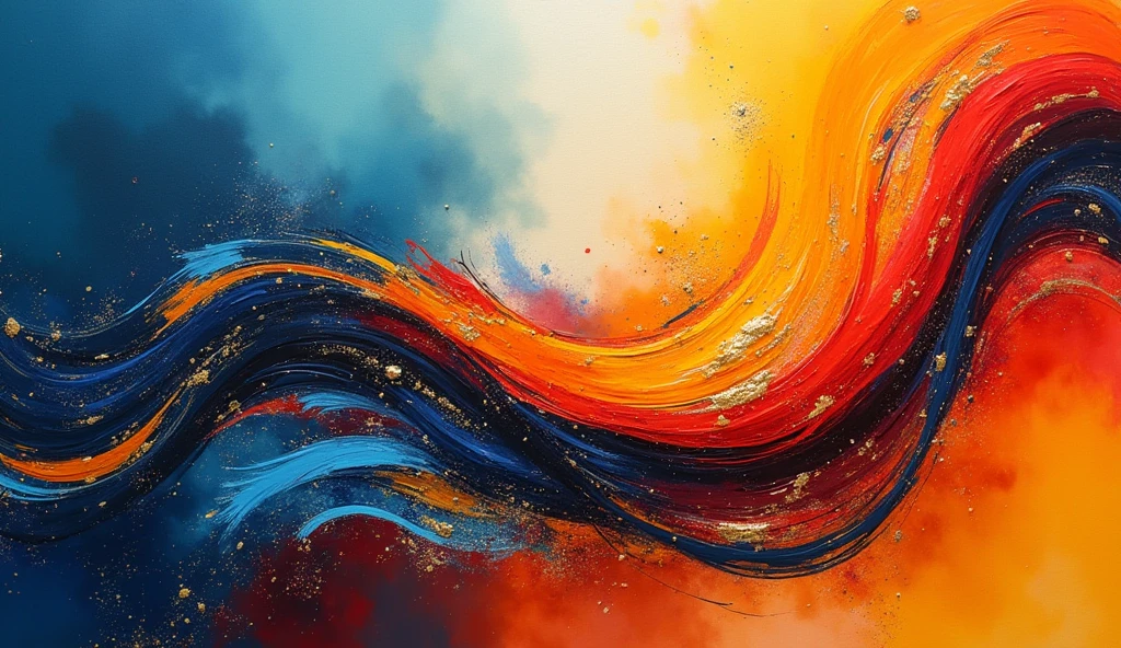 A vibrant, abstract composition filled with bold, fluid shapes and dynamic textures, swirling across the canvas. The color palette features deep blues, fiery oranges, and bright yellows, blending and overlapping to create a sense of movement and energy. (Color flow: 1.8). Thick, textured brushstrokes form organic, sweeping curves that contrast with sharp geometric lines in the background. Splashes of metallic gold and silver add depth and luminosity, while soft gradients shift subtly between cool and warm tones. The scene is an exploration of form and texture, without any recognizable figures, inviting interpretation through its abstract beauty. Ultra detailed, 8K quality, focus on the interplay of colors and textures, no figurative elements, purely abstract.