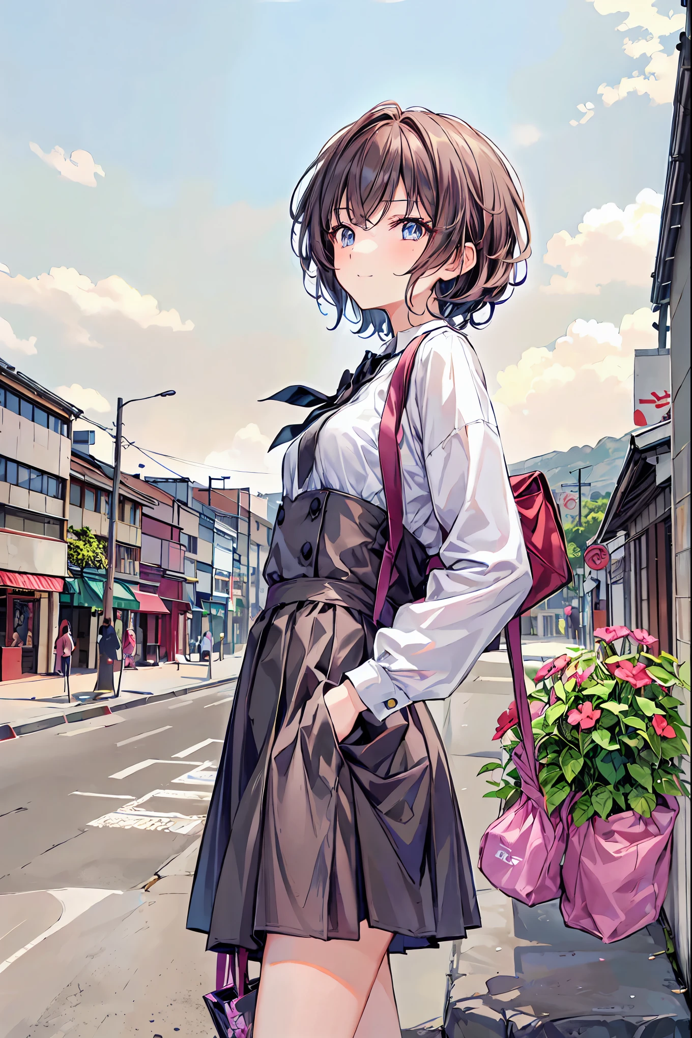 Brown Hair，Shortcuts，Messy Hair，Short braided hair，Neat，Slender beauty，Dignified posture，Small breasts，Beautiful legs，Her mesmerizing grey-blue eyes shine like stars，Vibrant colors,Beautiful Eyes,A delicate smile,Textured skin,Best Quality,A kind and beautiful woman,Anime Style､God Quality, Anime Moe Art Style,Best Anime 8K Konachan Wallpaper,Amazing anime 8k,Perfect Anatomy, (Draw a girl who looks sleepy on her way to school.. ),break, One Girl, (Alone,,child,:1.3),Junior high school students, Androgynous charm, (Very short hair),Messy Hair, Perfect body, Full Finger,Flat Chest, Small Ass, Between the legs, Small eyes,Beautiful and exquisite black eyes,Disgusted Eyes, uniform, School route. break,Super detailed,High resolution,Super detailedな肌, Professional Lighting,8k eye detail, (Cool illustrations:1.2),Contrail、Tokyo Tower，Skytree