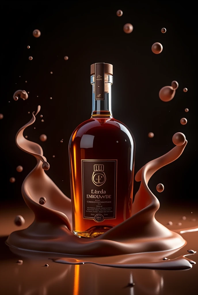 Undulating streams of chocolate liqueur around an elegant bottle of bourbon and several chocolate bubbles around the bottle on a dark background, realistic photo