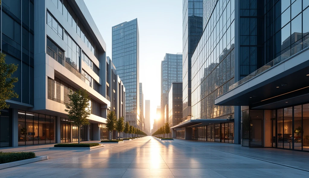 A striking urban scene featuring sleek, modern buildings with sharp, geometric lines and glass facades that reflect the surrounding cityscape. The buildings rise high into the sky, with some displaying unique, innovative architectural designs. (Modern buildings: 1.8). The scene is bathed in late afternoon light, casting long, dramatic shadows across the street below, where clean lines of pavement and minimal street furniture add to the streamlined aesthetic. Reflections of the sun create shimmering effects on the glass windows, while subtle neon lights begin to flicker on as evening approaches. The contrast of light and shadow, along with the interplay of reflective surfaces, creates a sense of depth and energy. Ultra detailed, 8K quality, focus on the architectural forms, textures, and dynamic lighting, no distorted elements or artificial features.