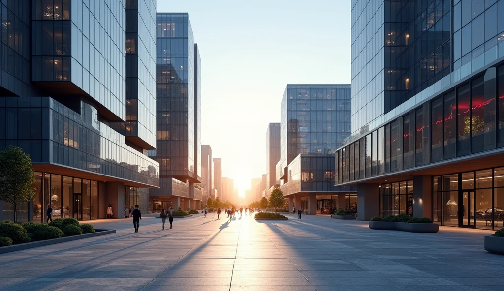 A striking urban scene featuring sleek, modern buildings with sharp, geometric lines and glass facades that reflect the surrounding cityscape. The buildings rise high into the sky, with some displaying unique, innovative architectural designs. (Modern buildings: 1.8). The scene is bathed in late afternoon light, casting long, dramatic shadows across the street below, where clean lines of pavement and minimal street furniture add to the streamlined aesthetic. Reflections of the sun create shimmering effects on the glass windows, while subtle neon lights begin to flicker on as evening approaches. The contrast of light and shadow, along with the interplay of reflective surfaces, creates a sense of depth and energy. Ultra detailed, 8K quality, focus on the architectural forms, textures, and dynamic lighting, no distorted elements or artificial features.