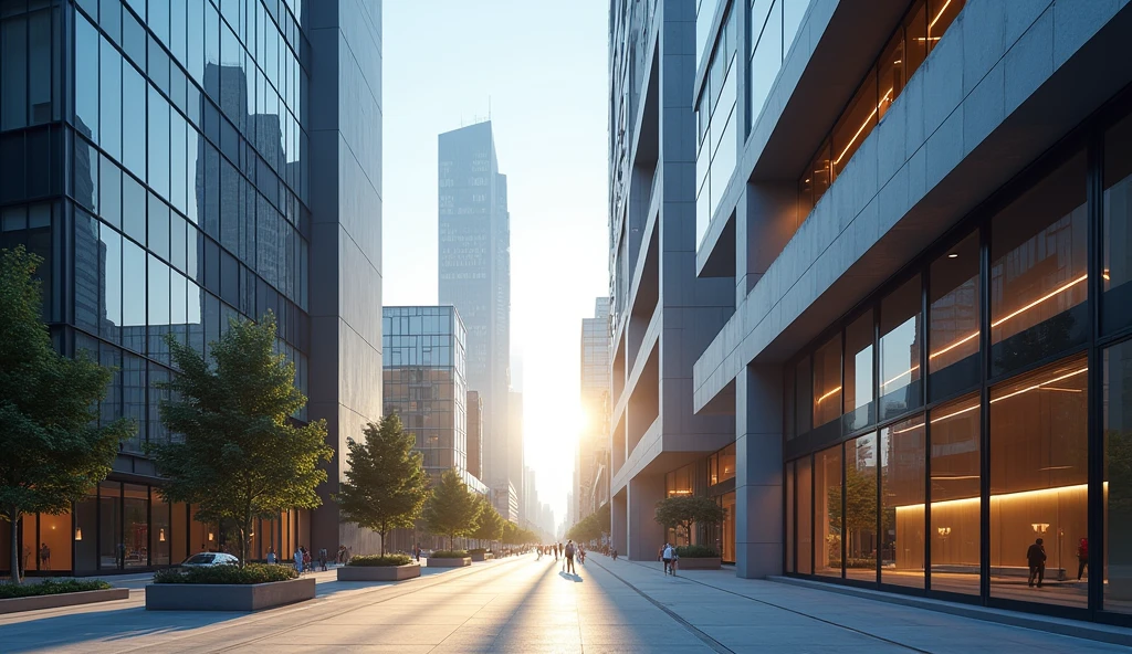 A striking urban scene featuring sleek, modern buildings with sharp, geometric lines and glass facades that reflect the surrounding cityscape. The buildings rise high into the sky, with some displaying unique, innovative architectural designs. (Modern buildings: 1.8). The scene is bathed in late afternoon light, casting long, dramatic shadows across the street below, where clean lines of pavement and minimal street furniture add to the streamlined aesthetic. Reflections of the sun create shimmering effects on the glass windows, while subtle neon lights begin to flicker on as evening approaches. The contrast of light and shadow, along with the interplay of reflective surfaces, creates a sense of depth and energy. Ultra detailed, 8K quality, focus on the architectural forms, textures, and dynamic lighting, no distorted elements or artificial features.