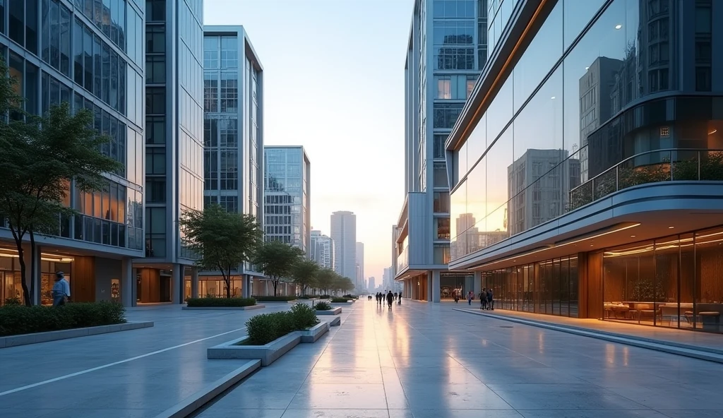 A striking urban scene featuring sleek, modern buildings with sharp, geometric lines and glass facades that reflect the surrounding cityscape. The buildings rise high into the sky, with some displaying unique, innovative architectural designs. (Modern buildings: 1.8). The scene is bathed in late afternoon light, casting long, dramatic shadows across the street below, where clean lines of pavement and minimal street furniture add to the streamlined aesthetic. Reflections of the sun create shimmering effects on the glass windows, while subtle neon lights begin to flicker on as evening approaches. The contrast of light and shadow, along with the interplay of reflective surfaces, creates a sense of depth and energy. Ultra detailed, 8K quality, focus on the architectural forms, textures, and dynamic lighting, no distorted elements or artificial features.