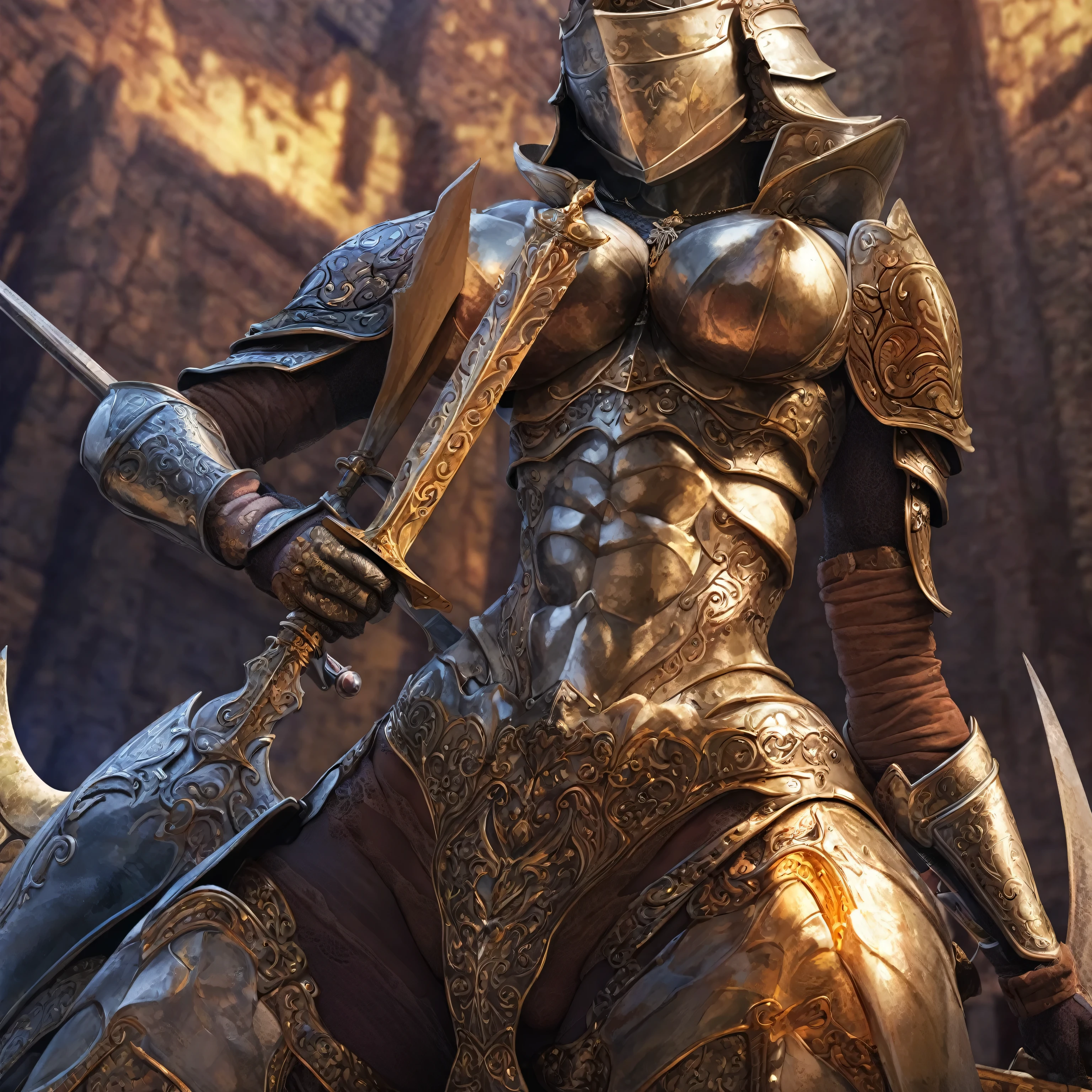  a nude female knight wearing Lovecraftian armour with a her legs wide, she has a look of ecstacy 