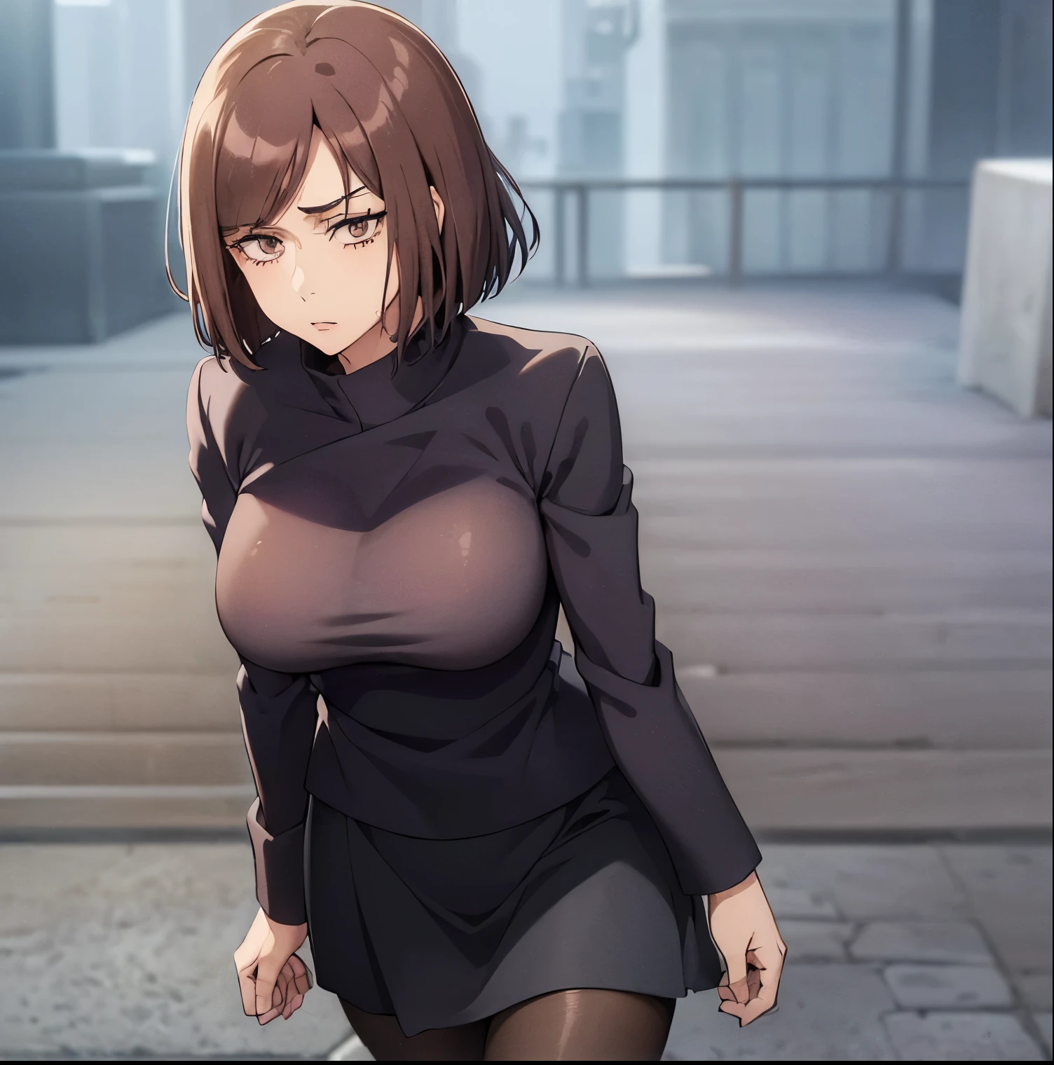 ((1girl)),((alone)),Shoko ieiri, \(jujutsu kaisen\),(masterpiece), (best quality), (ultra detailed), (best illustration), (best shadow), (absurdities), sharp focus, cowboy shot, atmospheric perspective, depth of field, dynamic posture, ((looking at viewer)), big breasts, narrow waist, wide hips, medium thighs, round butt, erotic, romantic, (highly detailed eyes, lips 1.1), very detailed eyes, eyes, very detailed face, very pretty face, symmetrical face, aesthetic face, perfect face, perfect eyes, detailed eyelashes: 1.5), full height, beautiful slender figure, femininity, apathetic look, elastic big breasts, sexuality, parted lips, ((brown eyes)), (mole under eye: 0.8), ((dark circles)), short hair, brown hair, swept bangs, (1 girl), (alone), shoko Ieiri, masterpiece, best quality, high resolution, ultra detailed, brown eyes, (mole under eye: 0.8), short hair, brown hair, swept bangs, dynamic pose, curvy body, cowboy photo, detailed bottom, detailed eyes, young girl, high collar, ((jujutsu kaisen uniform: 1.4)), ((black jacket with blue accents)), long sleeves, ((black skirt with blue accents)), (short skirt), ((black pantyhose)), black loafers, (skirt waist: 1.4), (blush: 1.2), (embarrassment: 1.4) , ((holding a cigarette with fingers)) , cowboy photo, curves, defined body, perfect and beautiful body, perfect and beautiful, calm look, closed mouth, ((apathetic expression)), (sexy pose: 1.2), standing :1.3, ((solo)),( (outside, streets, city, cityscape, night, city lights, rainy weather, wet ground)), looking forward, ((focus on breasts :1.4)), point of view: (from above), perfect anatomy, perfect hands