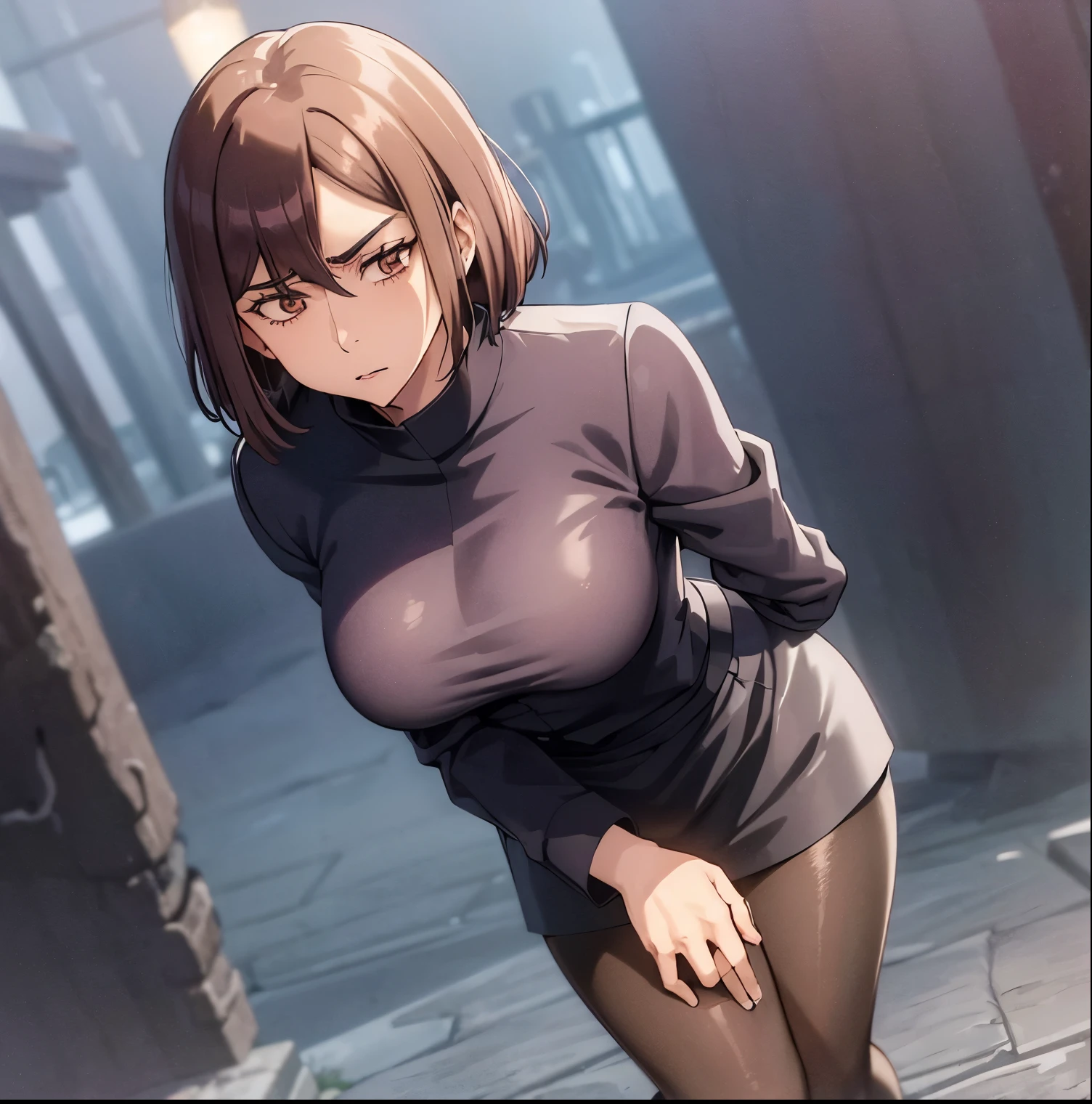 ((1girl)),((alone)),Shoko ieiri, \(jujutsu kaisen\),(masterpiece), (best quality), (ultra detailed), (best illustration), (best shadow), (absurdities), sharp focus, cowboy shot, atmospheric perspective, depth of field, dynamic posture, ((looking at viewer)), big breasts, narrow waist, wide hips, medium thighs, round butt, erotic, romantic, (highly detailed eyes, lips 1.1), very detailed eyes, eyes, very detailed face, very pretty face, symmetrical face, aesthetic face, perfect face, perfect eyes, detailed eyelashes: 1.5), full height, beautiful slender figure, femininity, apathetic look, elastic big breasts, sexuality, parted lips, ((brown eyes)), (mole under eye: 0.8), ((dark circles)), short hair, brown hair, swept bangs, (1 girl), (alone), shoko Ieiri, masterpiece, best quality, high resolution, ultra detailed, brown eyes, (mole under eye: 0.8), short hair, brown hair, swept bangs, dynamic pose, curvy body, cowboy photo, detailed bottom, detailed eyes, young girl, high collar, ((jujutsu kaisen uniform: 1.4)), ((black jacket with blue accents)), long sleeves, ((black skirt with blue accents)), (short skirt), ((black pantyhose)), black loafers, (skirt waist: 1.4), (blush: 1.2), (embarrassment: 1.4) , ((holding a cigarette with fingers)) , cowboy photo, curves, defined body, perfect and beautiful body, perfect and beautiful, calm look, closed mouth, ((apathetic expression)), (sexy pose: 1.2), standing :1.3, ((solo)),( (outside, streets, city, cityscape, night, city lights, rainy weather, wet ground)), looking forward, ((focus on hips :1.4)), point of view: (from Middle), perfect anatomy, perfect hands