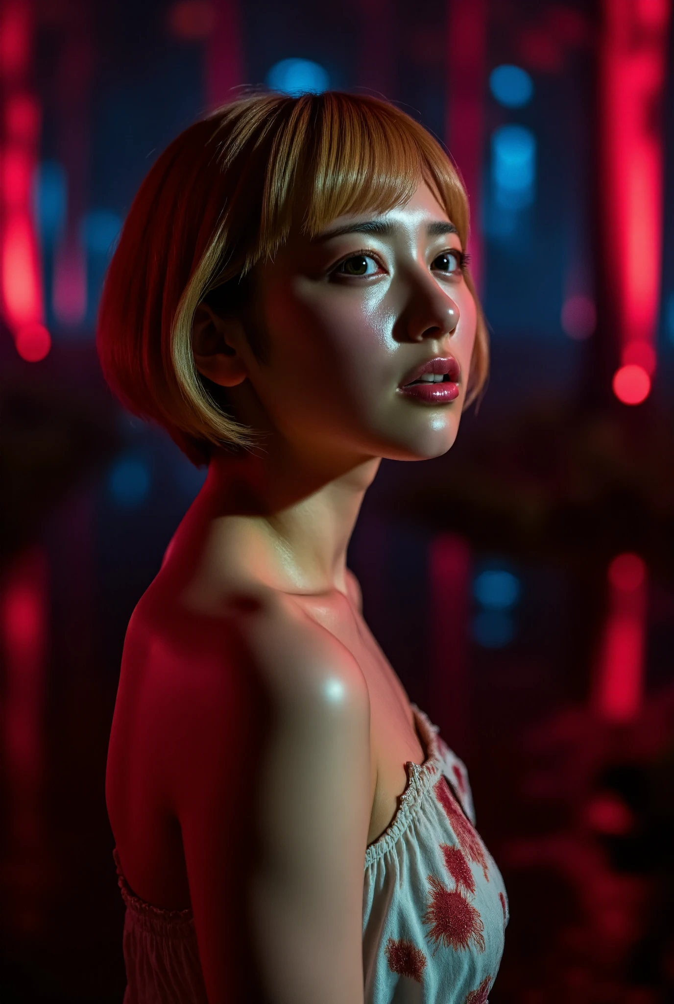 a hyper realistic full body [face, arms, legs] photography of a crying young beautiful woman;;5, deep stained red forest by night::4 , scared, dressed whith old white torn dress stained red, blond short hair::5 , hair are shaved on the right side::3 , beautiful green eyes, ultra hdr, 36k, 1200DPI, extremely detailed, red an blue lights, 3d, 3d rendered!!4, Octane::4