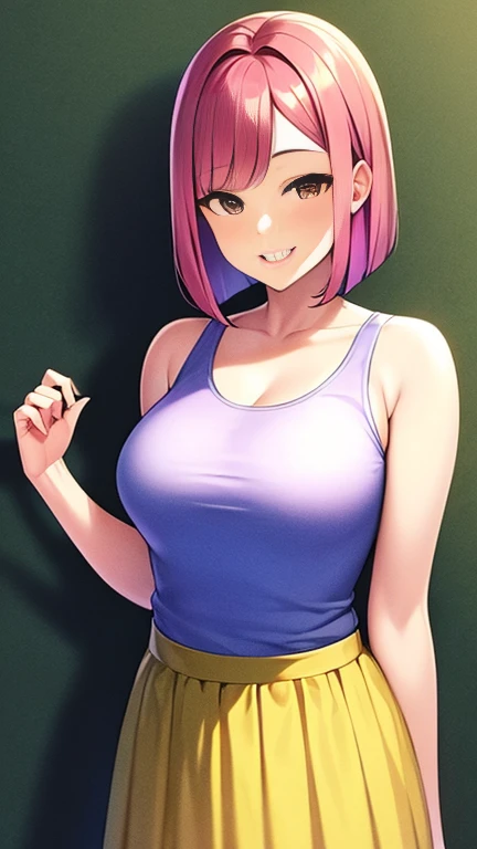 (Best Picture Quality), (Masterpiece), (High Resolution), 16k, Slender, One Woman,40, Silky straight bob cut hair、, Pink Hair, Large Bust, Brown eyes, Wearing a tank top and a long skirt、(smile), (Look into the viewer&#39;s eyes:1.4), (Watching the audience:1.4), (Upper front図:1.2), (Upper front:1.2), Center screen, background:Forest Walking Trail、Sunlight filtering through the trees、stroll、Cowboy Shot、