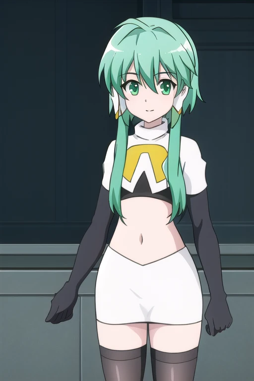 (masterpiece, best quality:1.2), 1girl, solo, green hair, purple eyes, long hair, purple eyes, white tight micro dress, orange sleeveless tops, orange shoulder armer, peacock green greave, brown shoes,