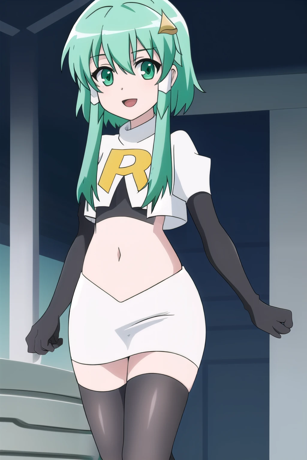 obra maestra, best_quality, 1girl, solo, gardevoir, pokemon \(criatura\), cabello verde, ojos rojos, hospital, camilla de hospital, bata de hospital, ropa de hospital, manos en la espalda, suspiro, suspirando, mirada serena, frente en alto, perfil, personaje de perfil, embarazada, gardevoir embarazada, embarazo, [bata de hospital], hospital room, hospital.
