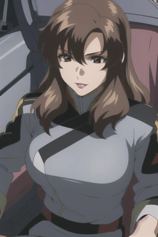 (((Best quality))),((Ultra-detailed)),((illustration)),((Disheveled hair)),((frilld)),(1 girl),(Solo),
1girl,bodysuit,breasts,chair,cockpit,hair between eyes,lipstick,long hair,long sleeves,looking at viewer,makeup,military,military uniform,office chair,open mouth,red lips,retro artstyle,seat,sitting,smile,solo,uniform,upper body,
brown eyes,brown hair,