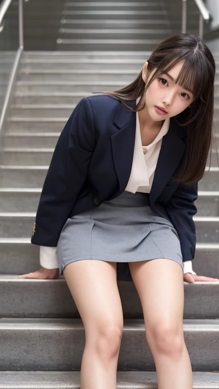 Escalator Skirt、Short coat、(Lower body close-up))、Rear View、((Panty shot))、((Detailed face))、((Symmetrical eyes))、((Detailed eyes))、Very low camera angle、((Leaning forward)).Panties under skirt.She turned to the cameraman..The pants are tucked into the skirt.Detailed faceのレンダリング.Serious expression.Her eyes are fixed on the camera. (Exposing thighs).( View Photographers, Open your lips a little).(reality).RAW Photos.Perfect Anatomy. Beauty.Japanese women(1). ((She is climbing the stairs))、.(JK uniform).((Wearing a super mini skirt))((Angle from below))