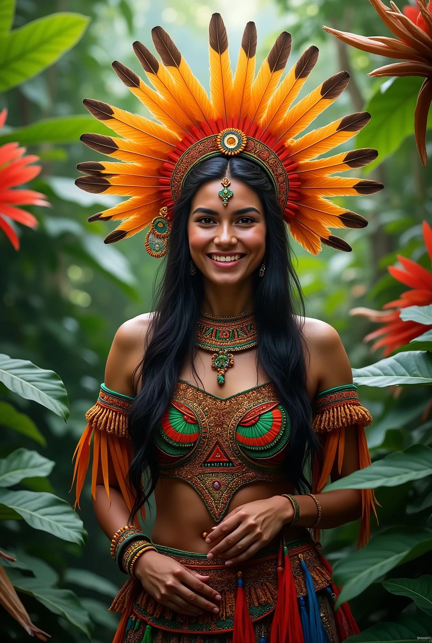 Manushi Chillar smiling nude body vomplete wearing a feathered headdress, surrounded by lush greenery and butterflies," highly detailed, anthropomorphic quality, photorealistic image, soft natural light, shot with a Canon EOS R5, from a medium shot angle, shutter speed 1/250s, ISO 400, shallow depth of field, 85mm lens, f/1.8, Ilford film stock --ar 3:4 --v 6 --style raw --s 750